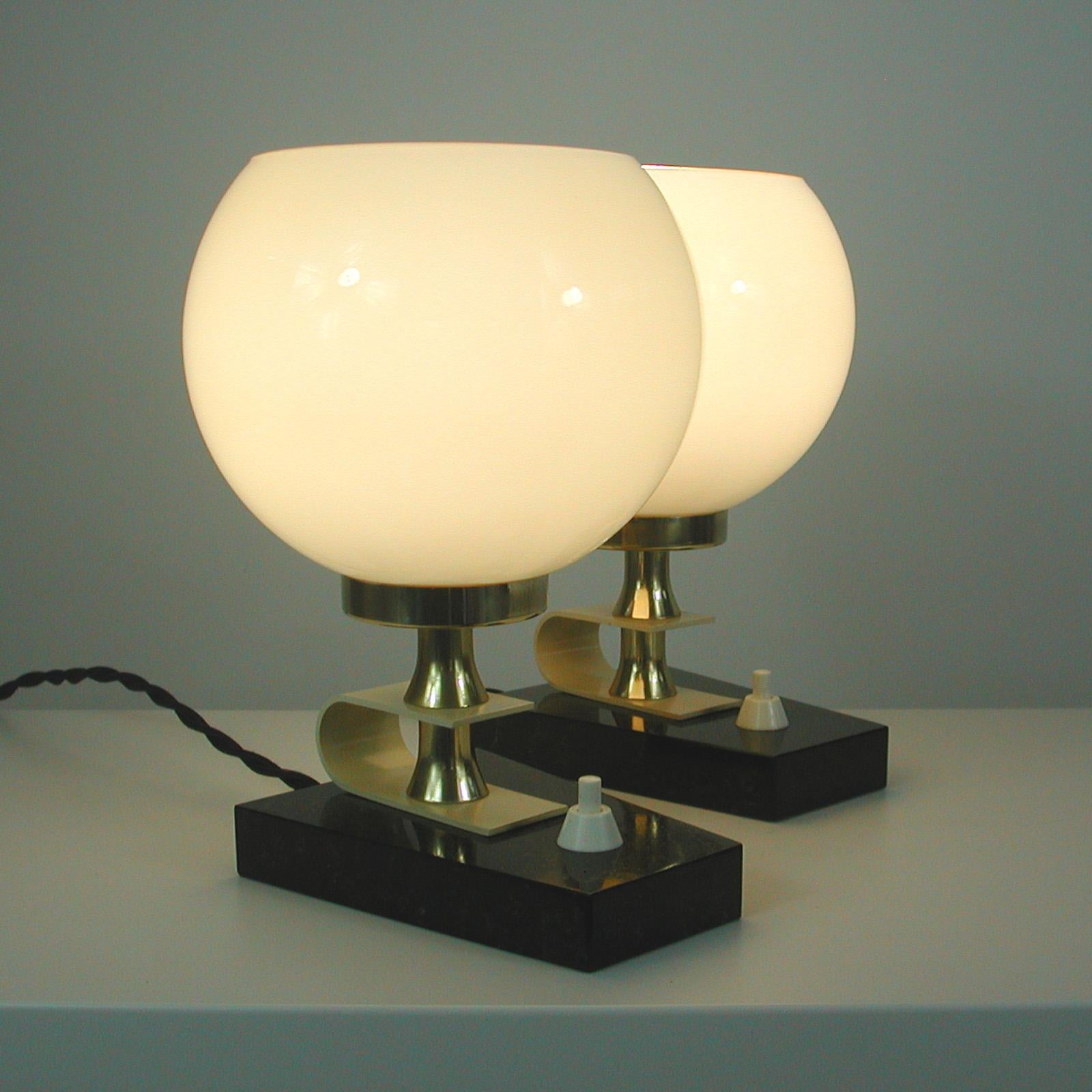 Midcentury Swedish Marble, Opaline & Brass Table Lamps, 1940s to 1950s, Set of 2 5