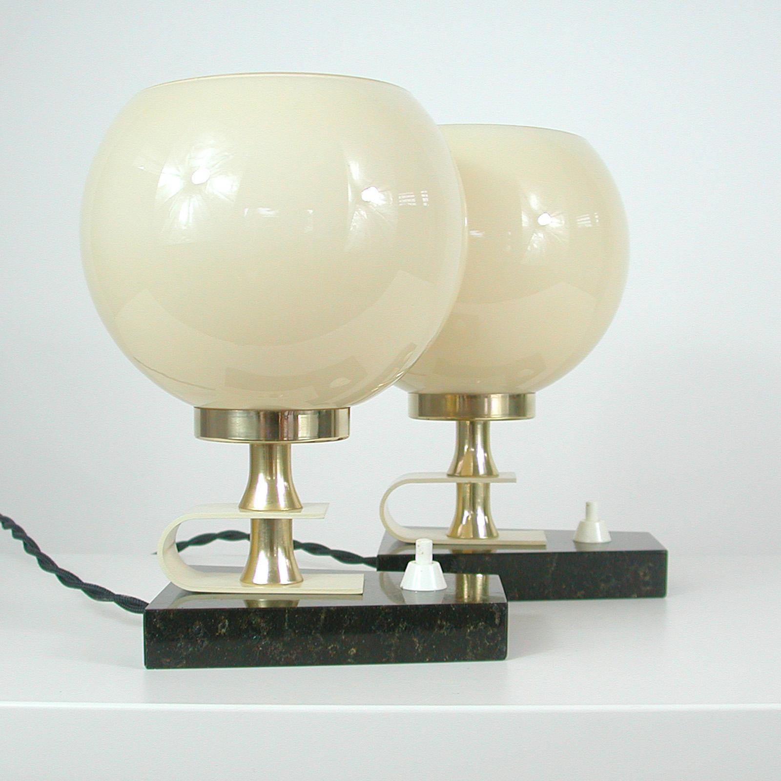 Midcentury Swedish Marble, Opaline & Brass Table Lamps, 1940s to 1950s, Set of 2 7