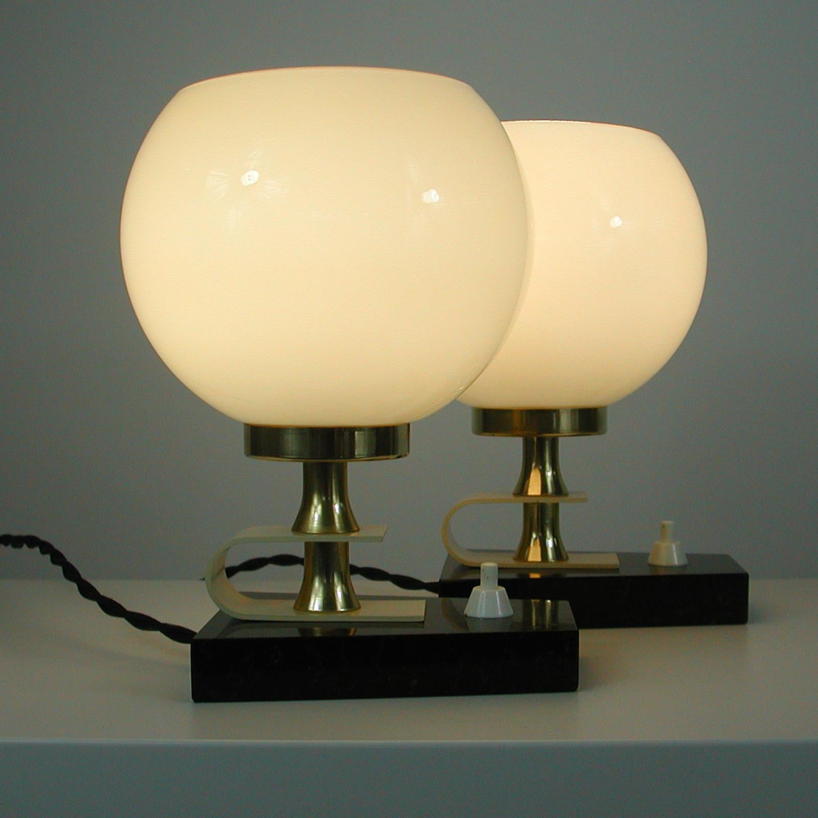 Midcentury Swedish Marble, Opaline & Brass Table Lamps, 1940s to 1950s, Set of 2 8