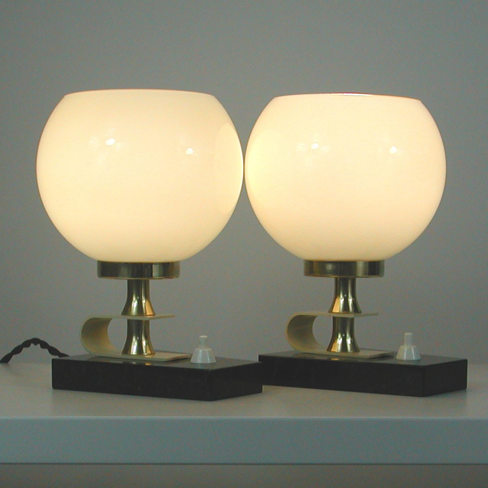Mid-Century Modern Midcentury Swedish Marble, Opaline & Brass Table Lamps, 1940s to 1950s, Set of 2