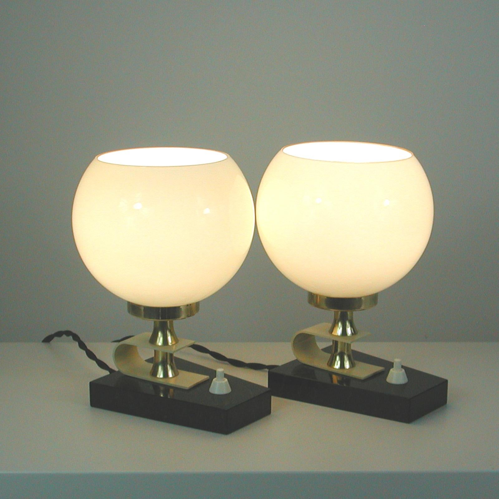 Mid-20th Century Midcentury Swedish Marble, Opaline & Brass Table Lamps, 1940s to 1950s, Set of 2