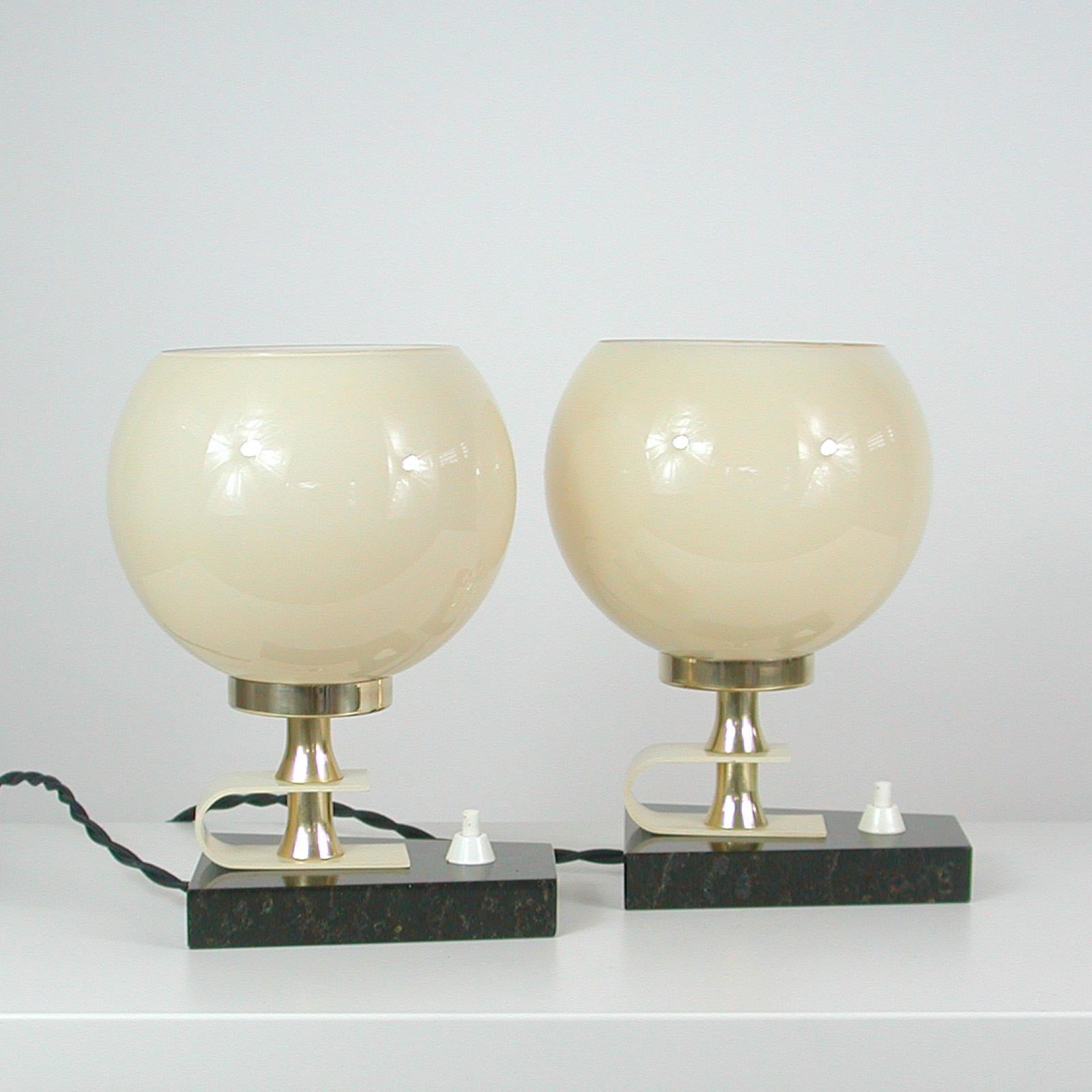 Midcentury Swedish Marble, Opaline & Brass Table Lamps, 1940s to 1950s, Set of 2 1