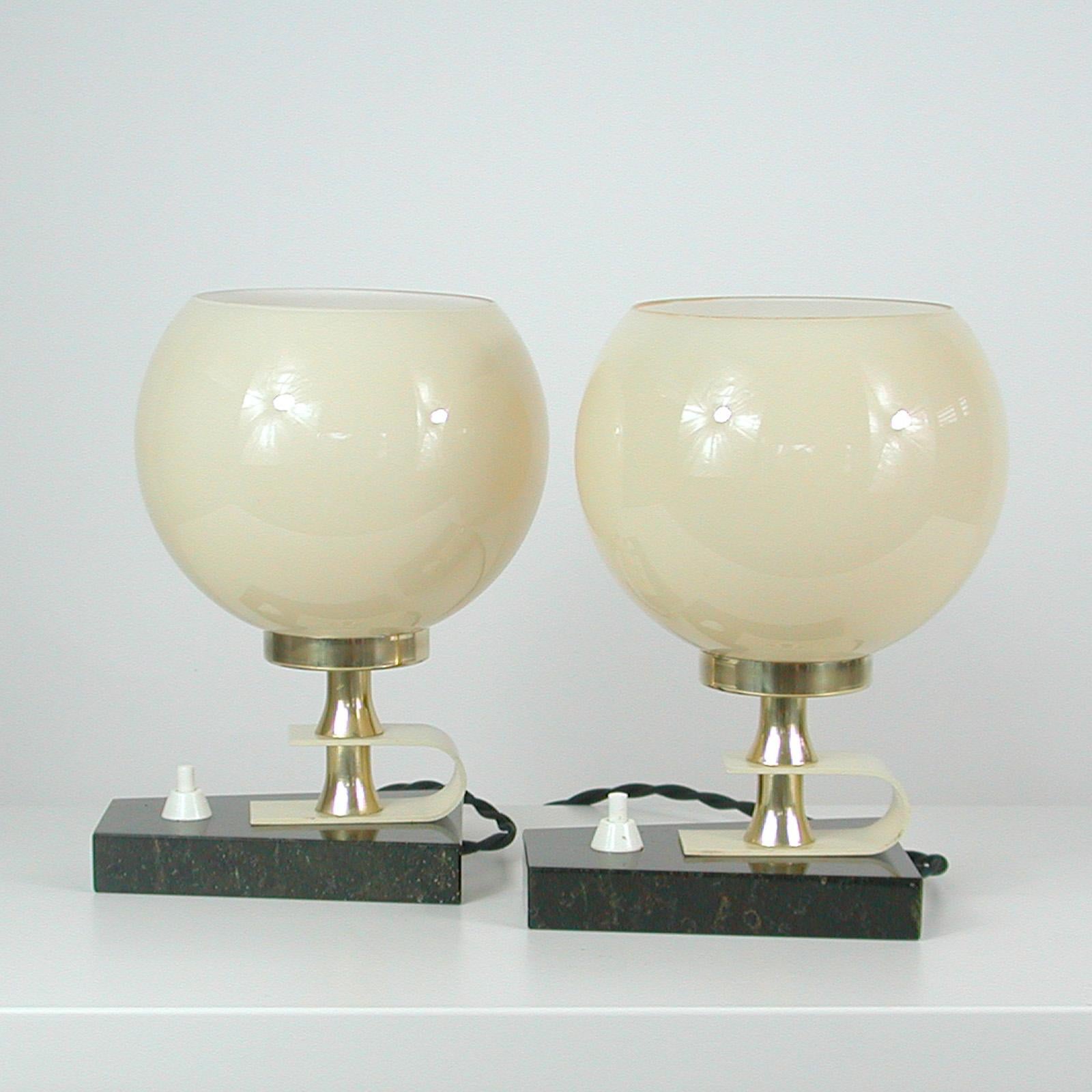 Midcentury Swedish Marble, Opaline & Brass Table Lamps, 1940s to 1950s, Set of 2 2