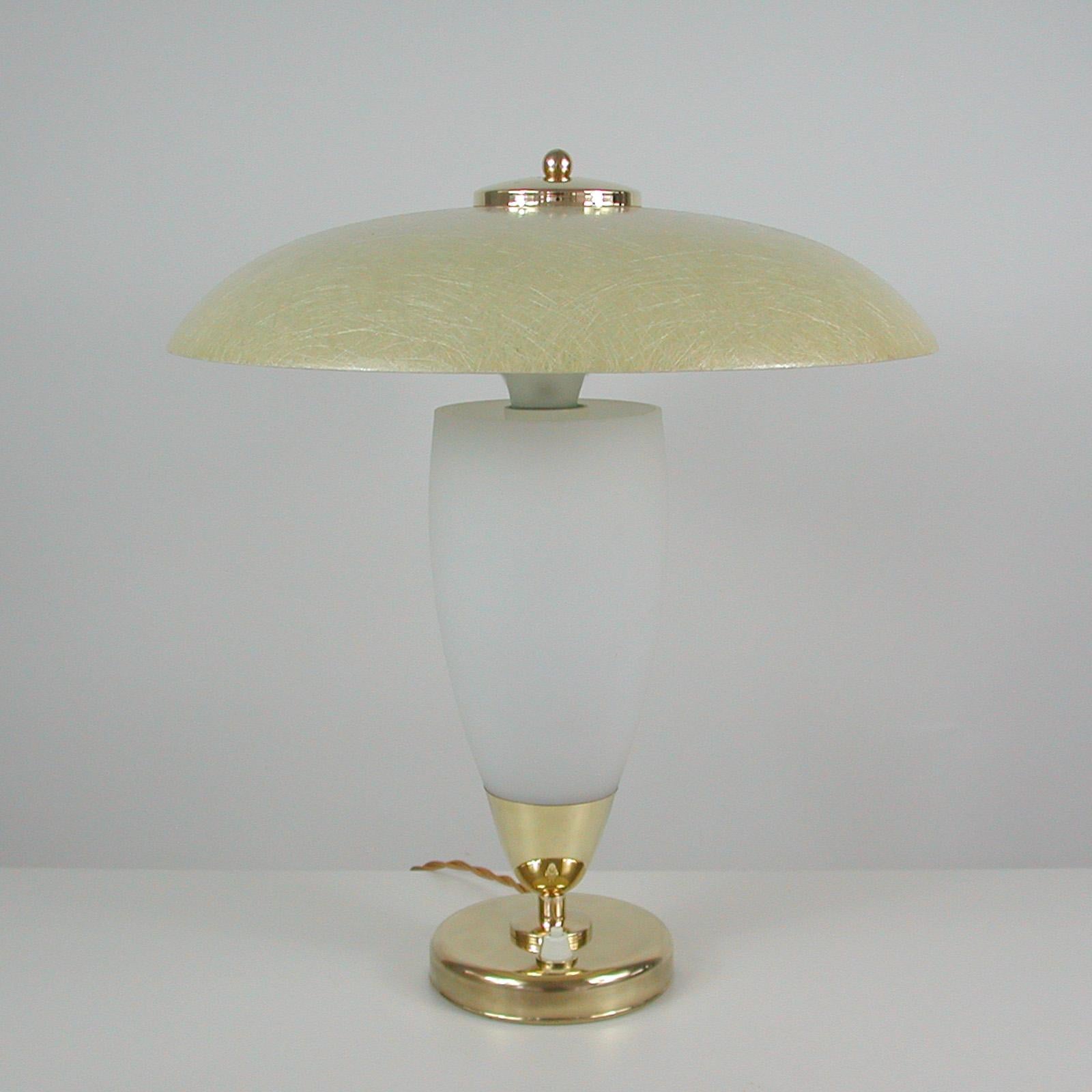 Midcentury Swedish Modern Brass, Opaline and Fiberglass Saucer Table Lamp, 1950s For Sale 5