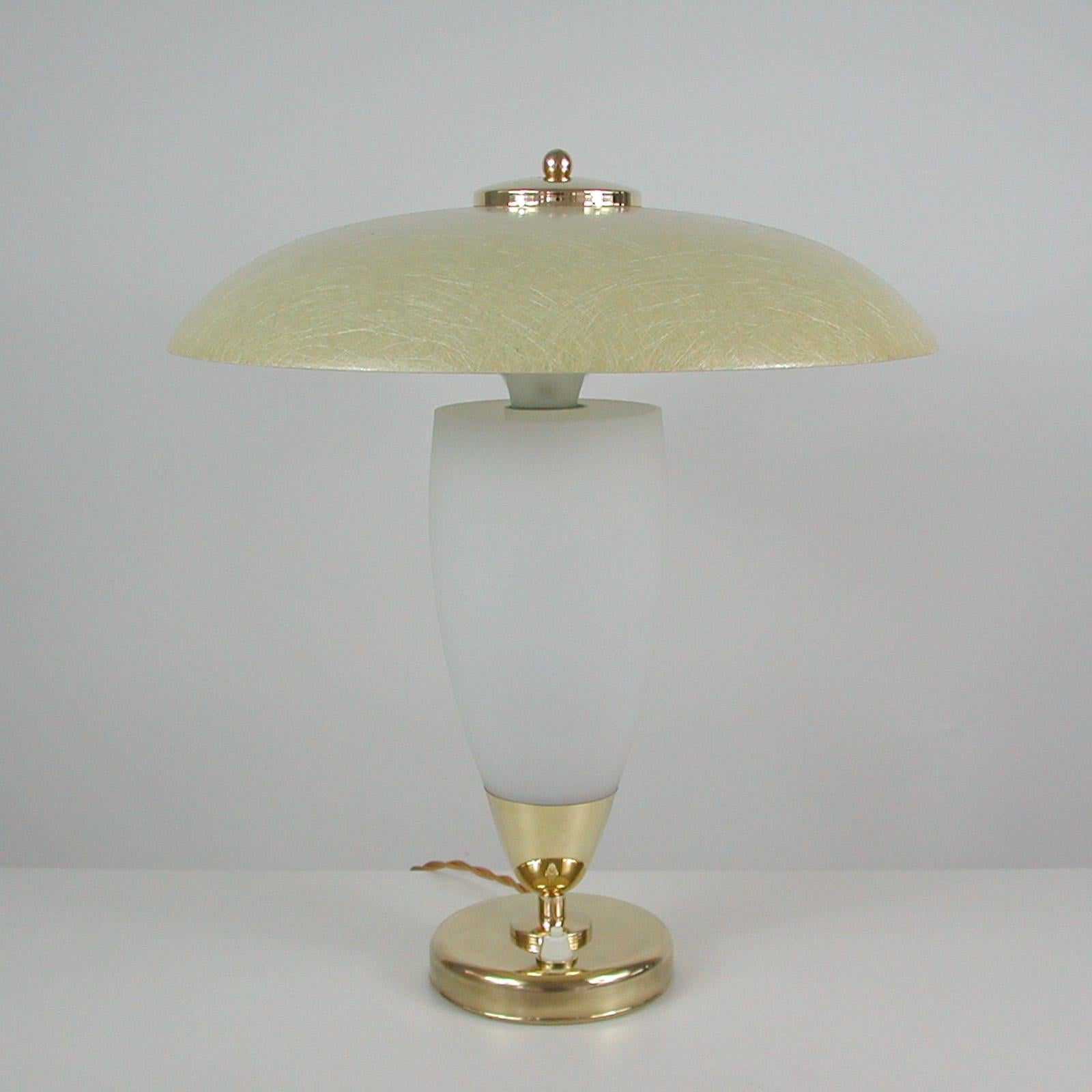 Midcentury Swedish Modern Brass, Opaline and Fiberglass Saucer Table Lamp, 1950s For Sale 5