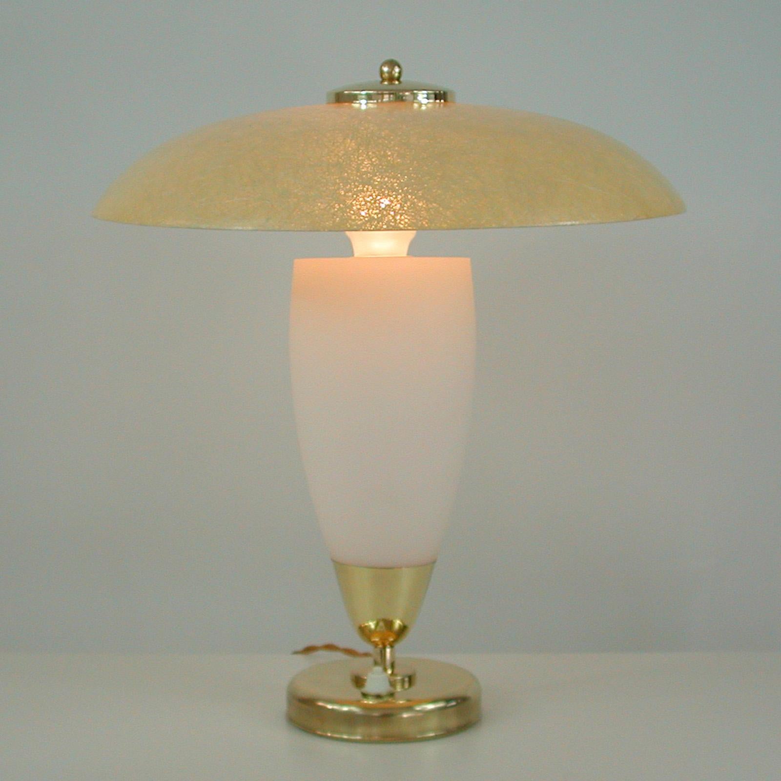 Midcentury Swedish Modern Brass, Opaline and Fiberglass Saucer Table Lamp, 1950s For Sale 6
