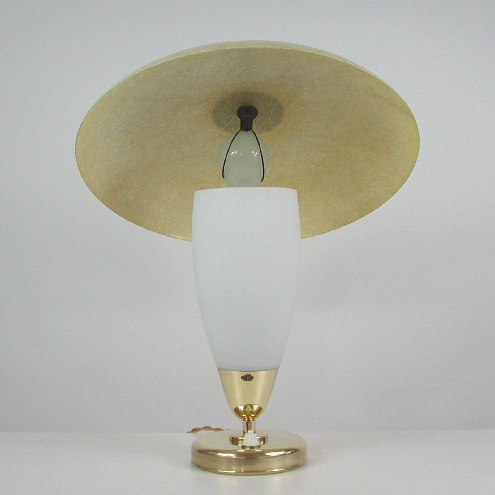 Midcentury Swedish Modern Brass, Opaline and Fiberglass Saucer Table Lamp, 1950s For Sale 7