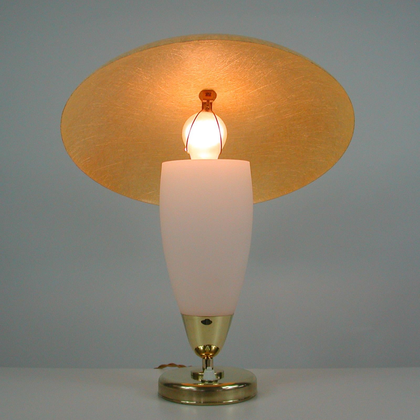 Midcentury Swedish Modern Brass, Opaline and Fiberglass Saucer Table Lamp, 1950s For Sale 8