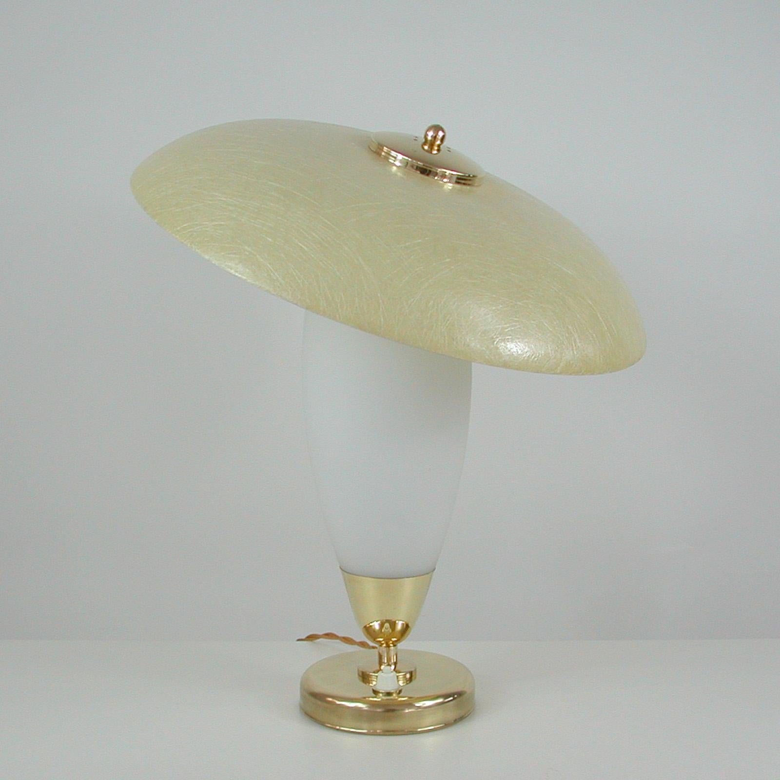Midcentury Swedish Modern Brass, Opaline and Fiberglass Saucer Table Lamp, 1950s For Sale 11