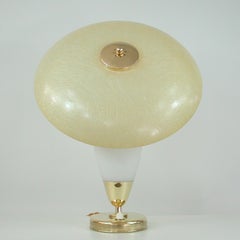 Midcentury Swedish Modern Brass, Opaline and Fiberglass Saucer Table Lamp, 1950s