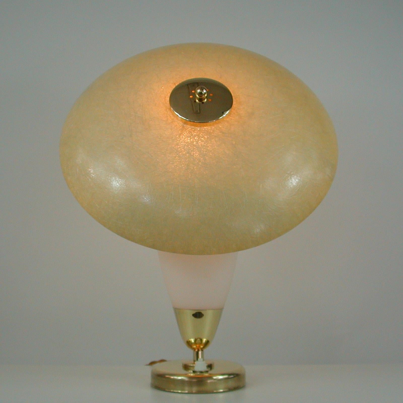 Mid-Century Modern Midcentury Swedish Modern Brass, Opaline and Fiberglass Saucer Table Lamp, 1950s For Sale