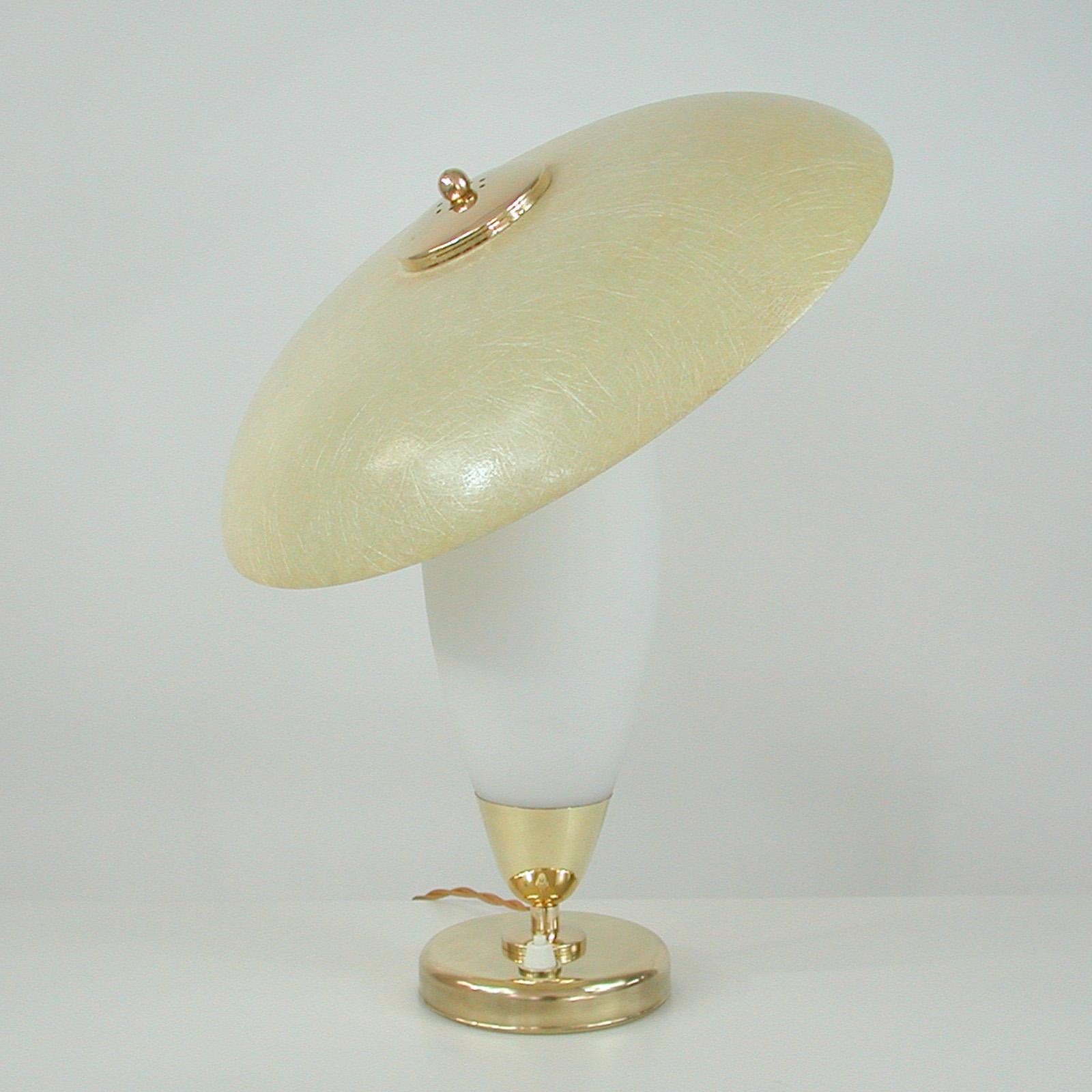 Mid-20th Century Midcentury Swedish Modern Brass, Opaline and Fiberglass Saucer Table Lamp, 1950s For Sale