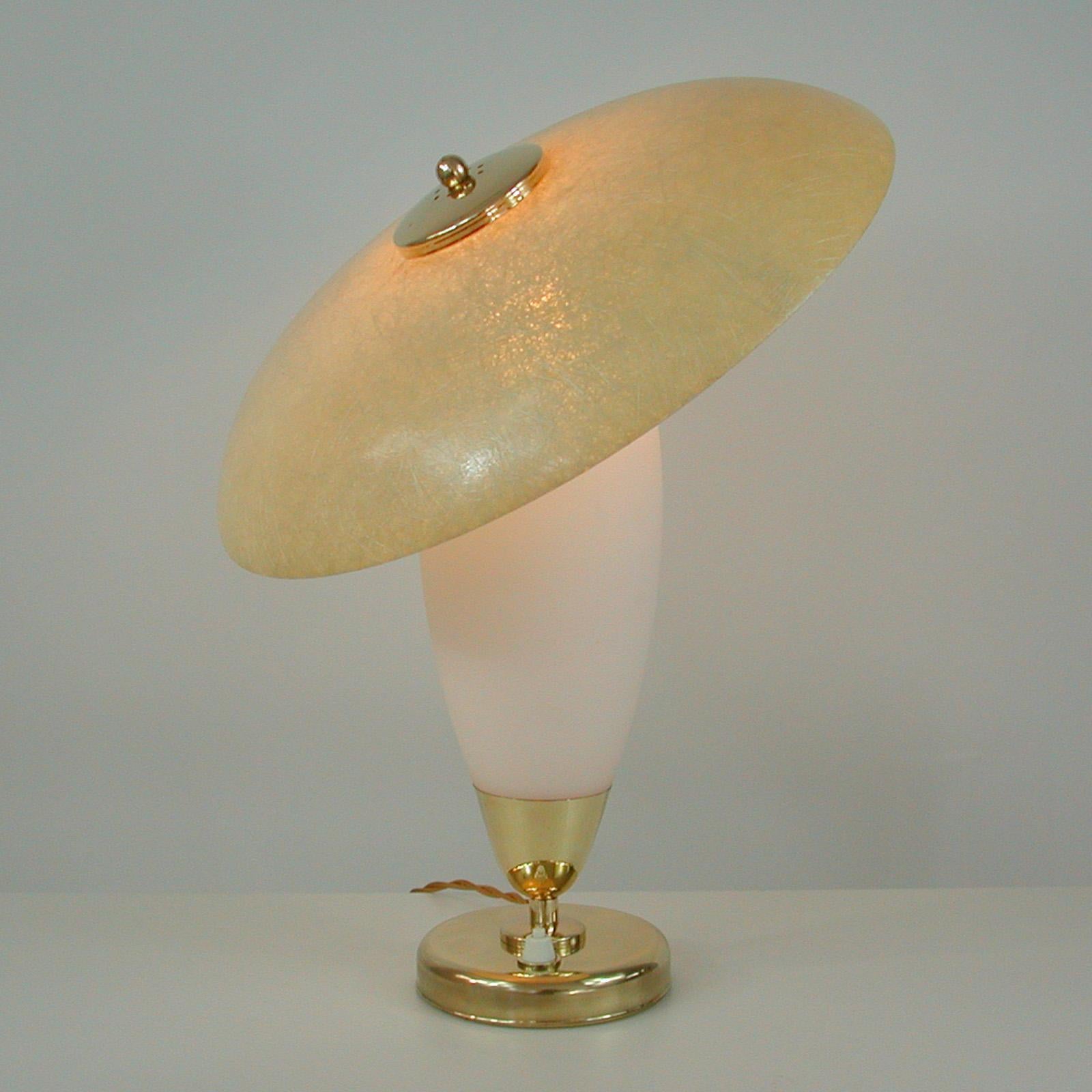 Midcentury Swedish Modern Brass, Opaline and Fiberglass Saucer Table Lamp, 1950s For Sale 1