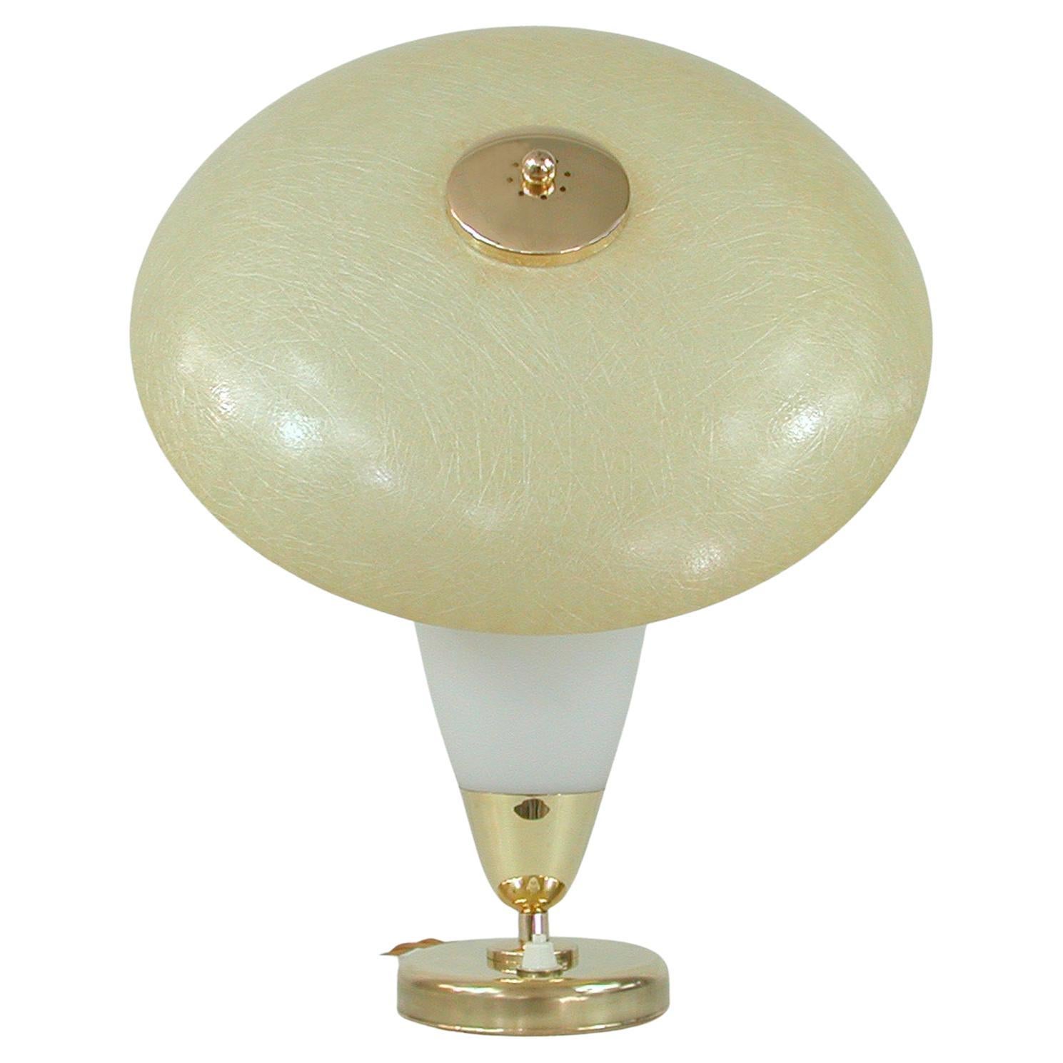 Midcentury Swedish Modern Brass, Opaline and Fiberglass Saucer Table Lamp, 1950s For Sale