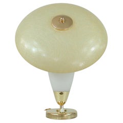 Vintage Midcentury Swedish Modern Brass, Opaline and Fiberglass Saucer Table Lamp, 1950s