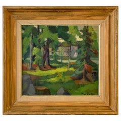 Midcentury Swedish Modern Green Forrest Gouache Painting by Helge Cardell