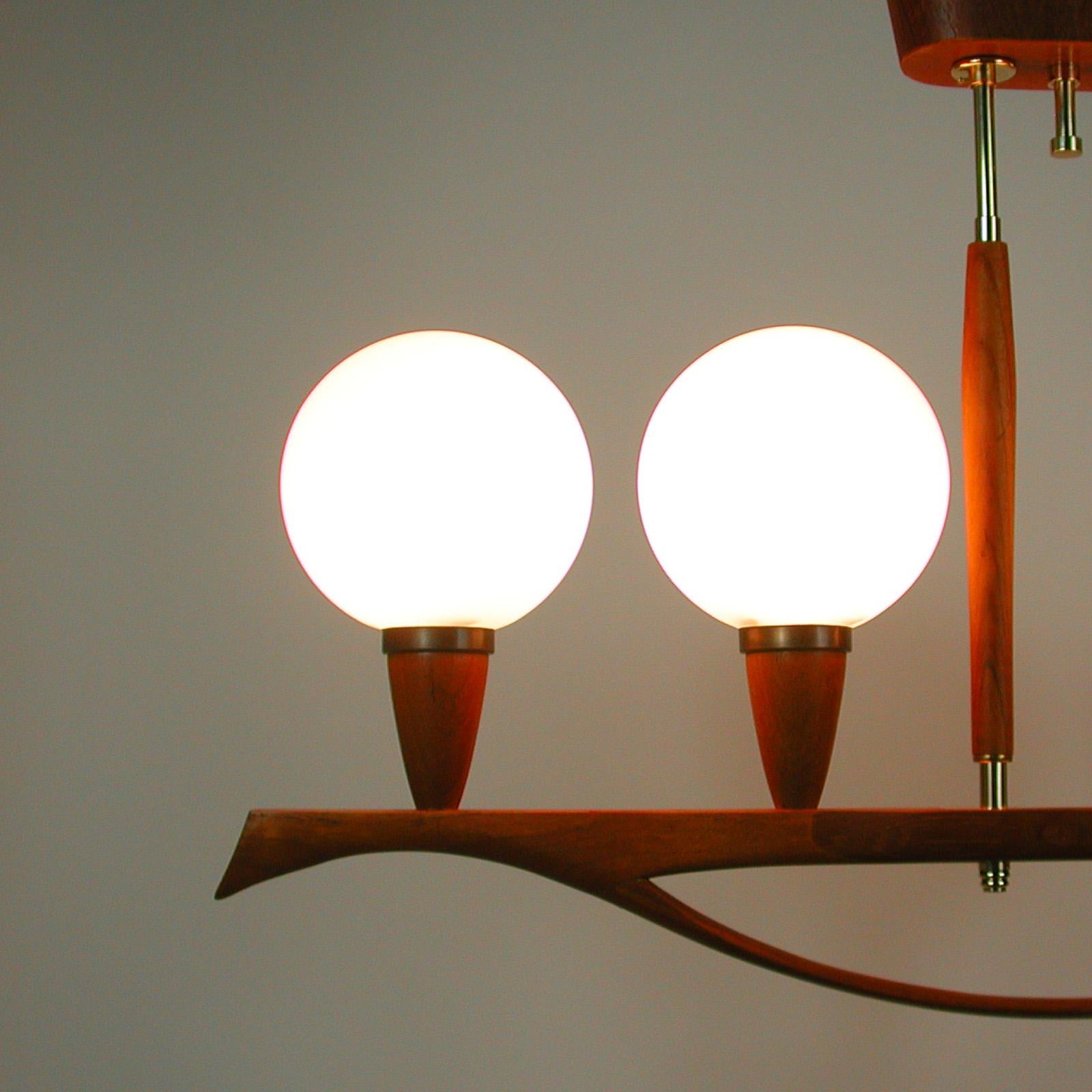 Midcentury Swedish Modern Teak and Satin Glass Chandelier, 1960s For Sale 4