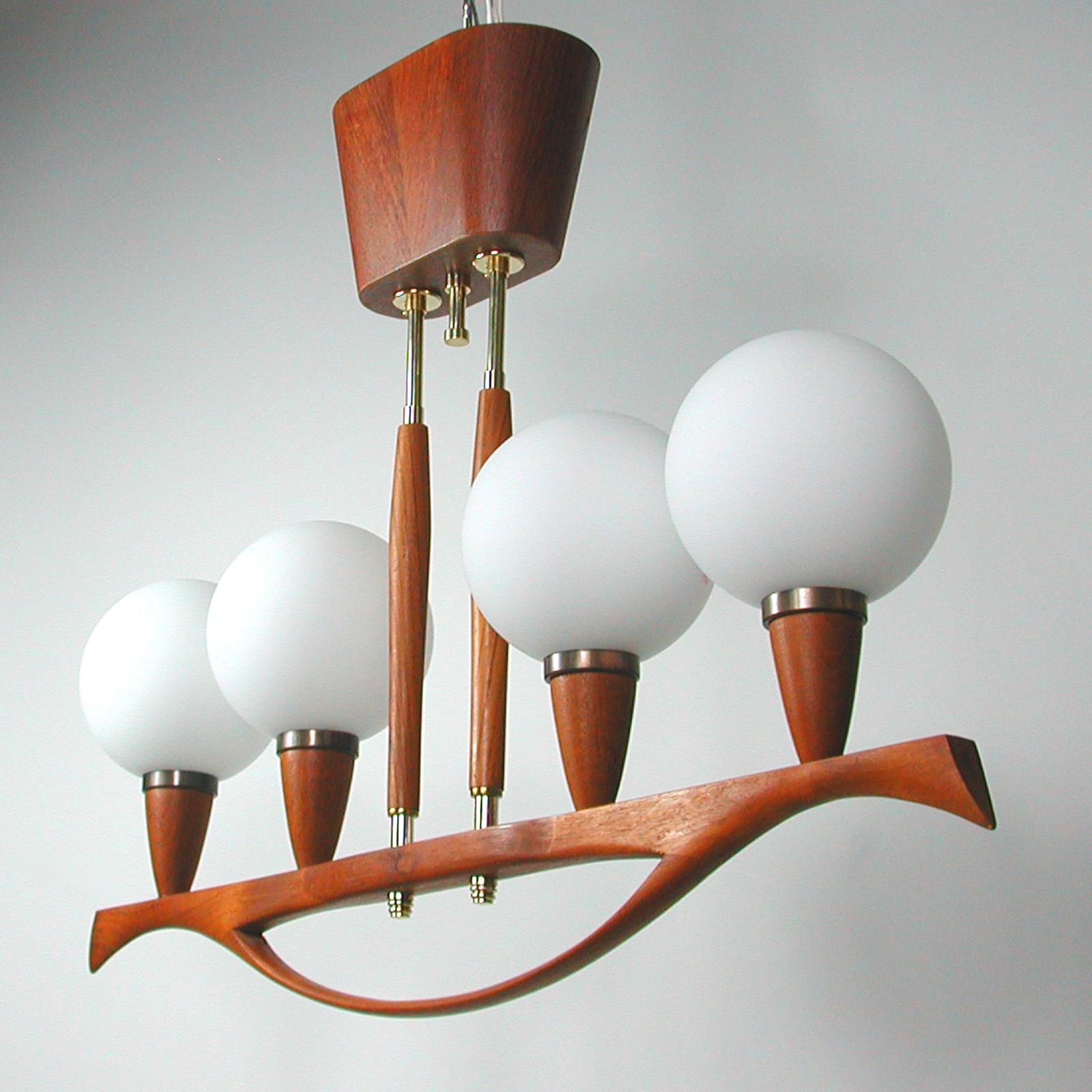 Midcentury Swedish Modern Teak and Satin Glass Chandelier, 1960s For Sale 9