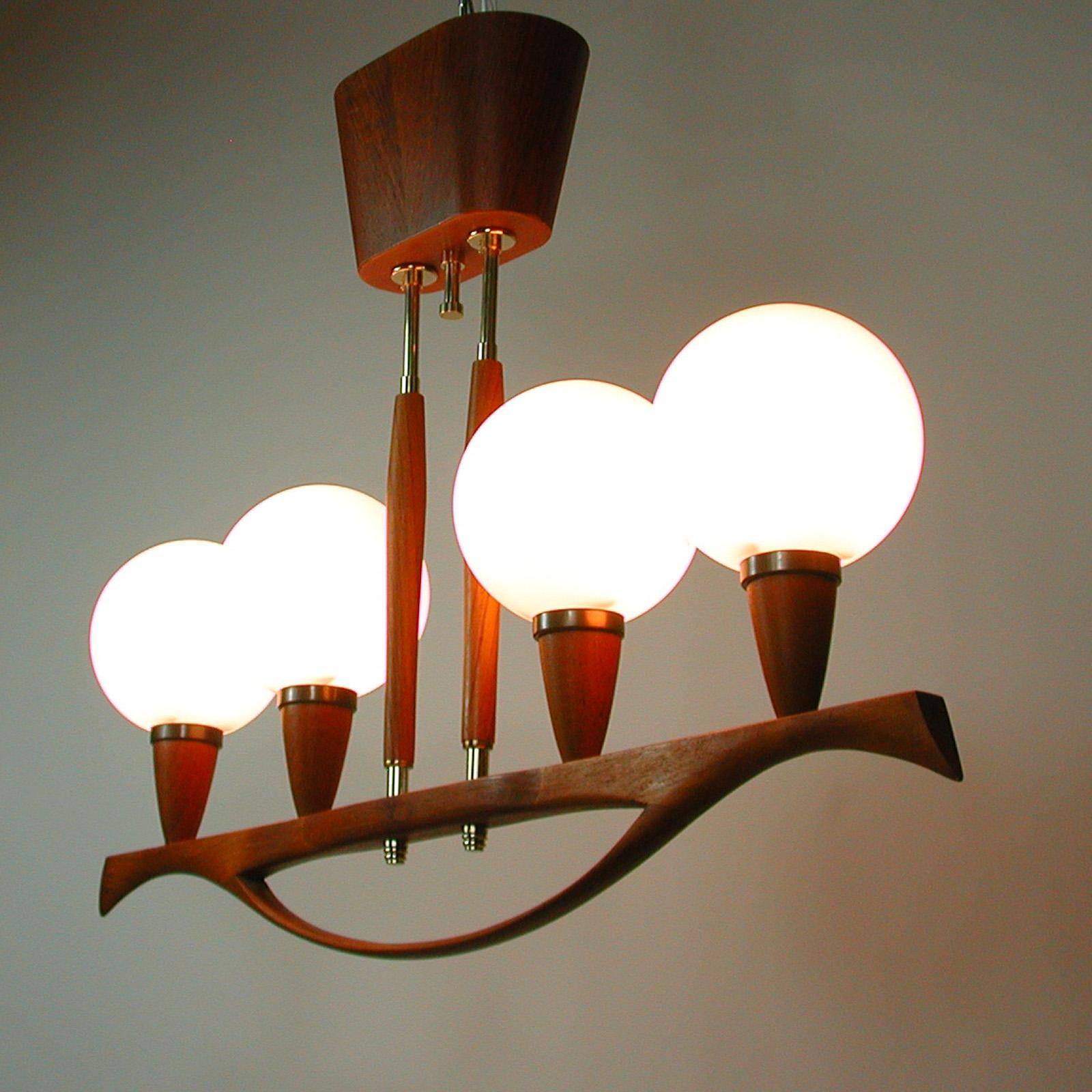 Midcentury Swedish Modern Teak and Satin Glass Chandelier, 1960s For Sale 10