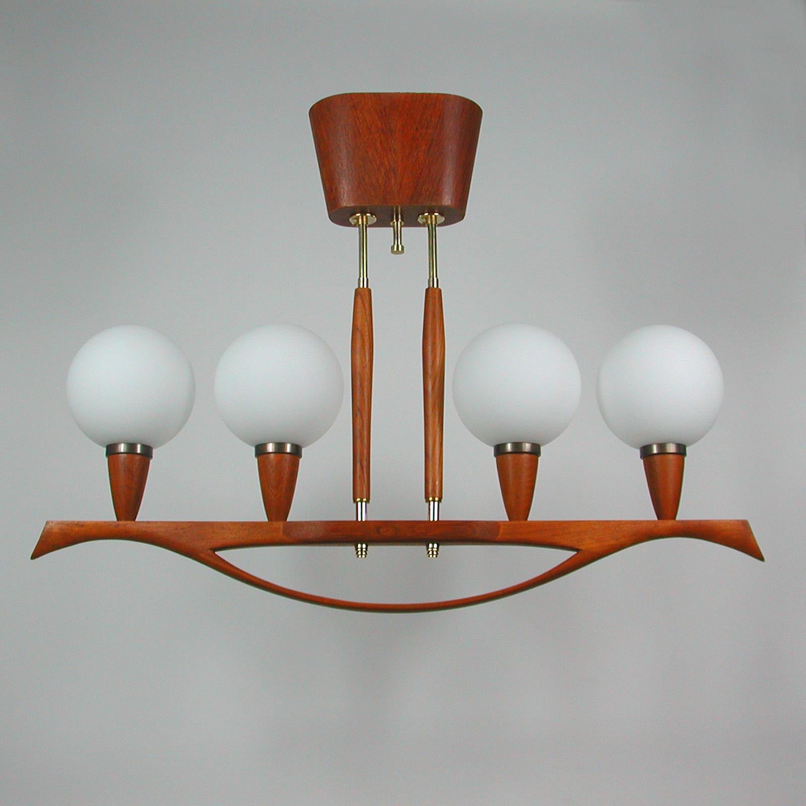 Midcentury Swedish Modern Teak and Satin Glass Chandelier, 1960s For Sale 14