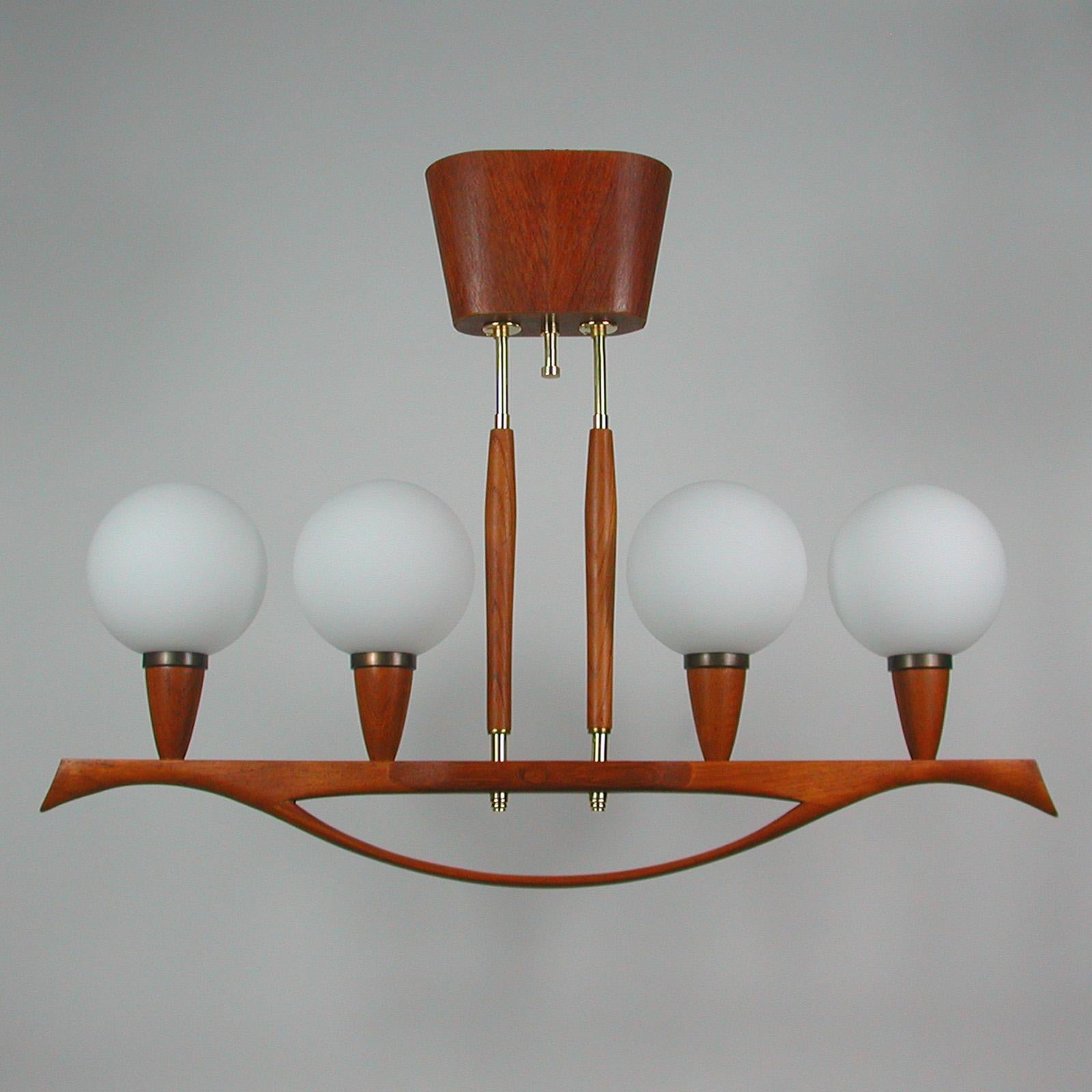 Midcentury Swedish Modern Teak and Satin Glass Chandelier, 1960s In Good Condition For Sale In NUEMBRECHT, NRW