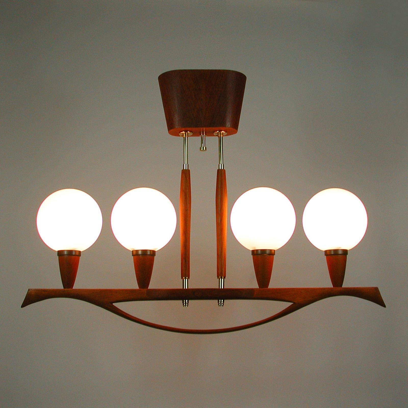 Mid-20th Century Midcentury Swedish Modern Teak and Satin Glass Chandelier, 1960s For Sale