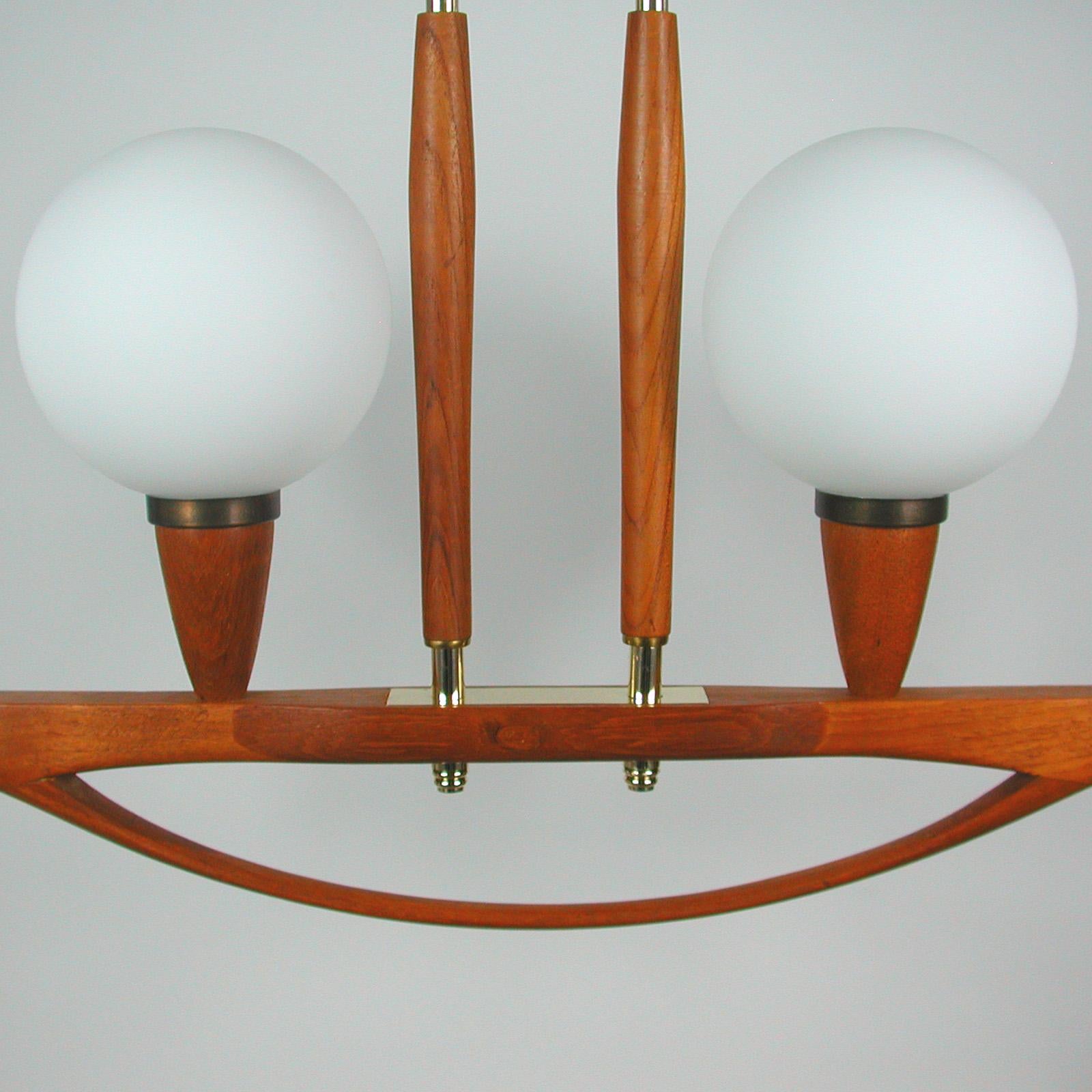 Midcentury Swedish Modern Teak and Satin Glass Chandelier, 1960s For Sale 2