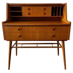 Midcentury Swedish Modern Teak Small Desk 4 Drawer with Key