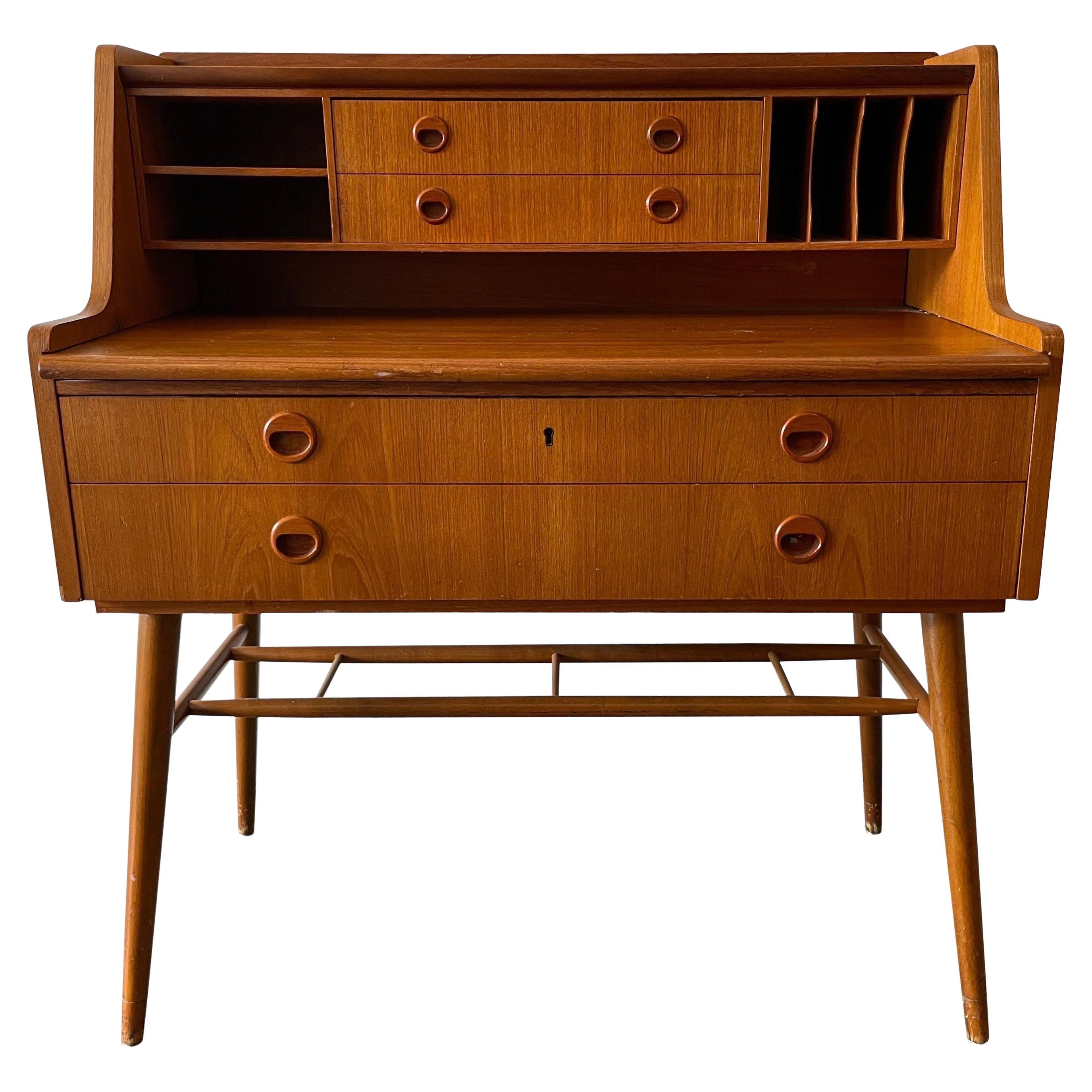 Midcentury Swedish Modern Teak Small Desk 4 Drawer with Key