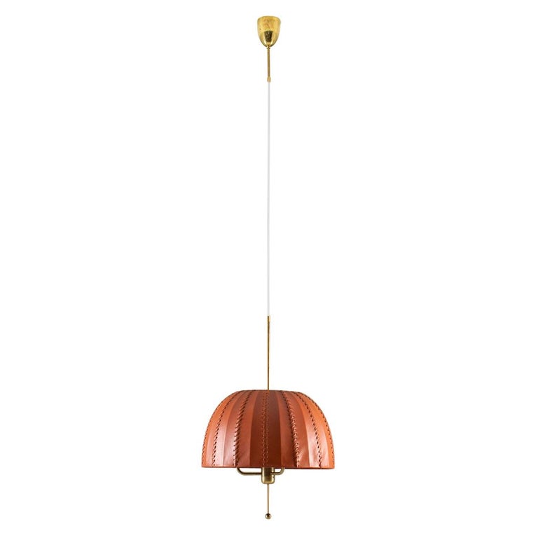 Midcentury Swedish Pendant in Brass and Leather by Hans-Agne Jakobsson For Sale