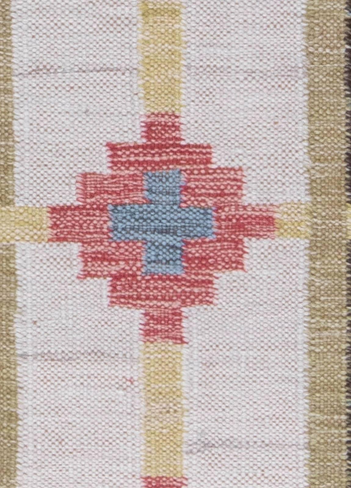 Mid-20th Century Swedish pink, blue and yellow flat-weave runner by Sverker Greuholm.
Size: 3'4
