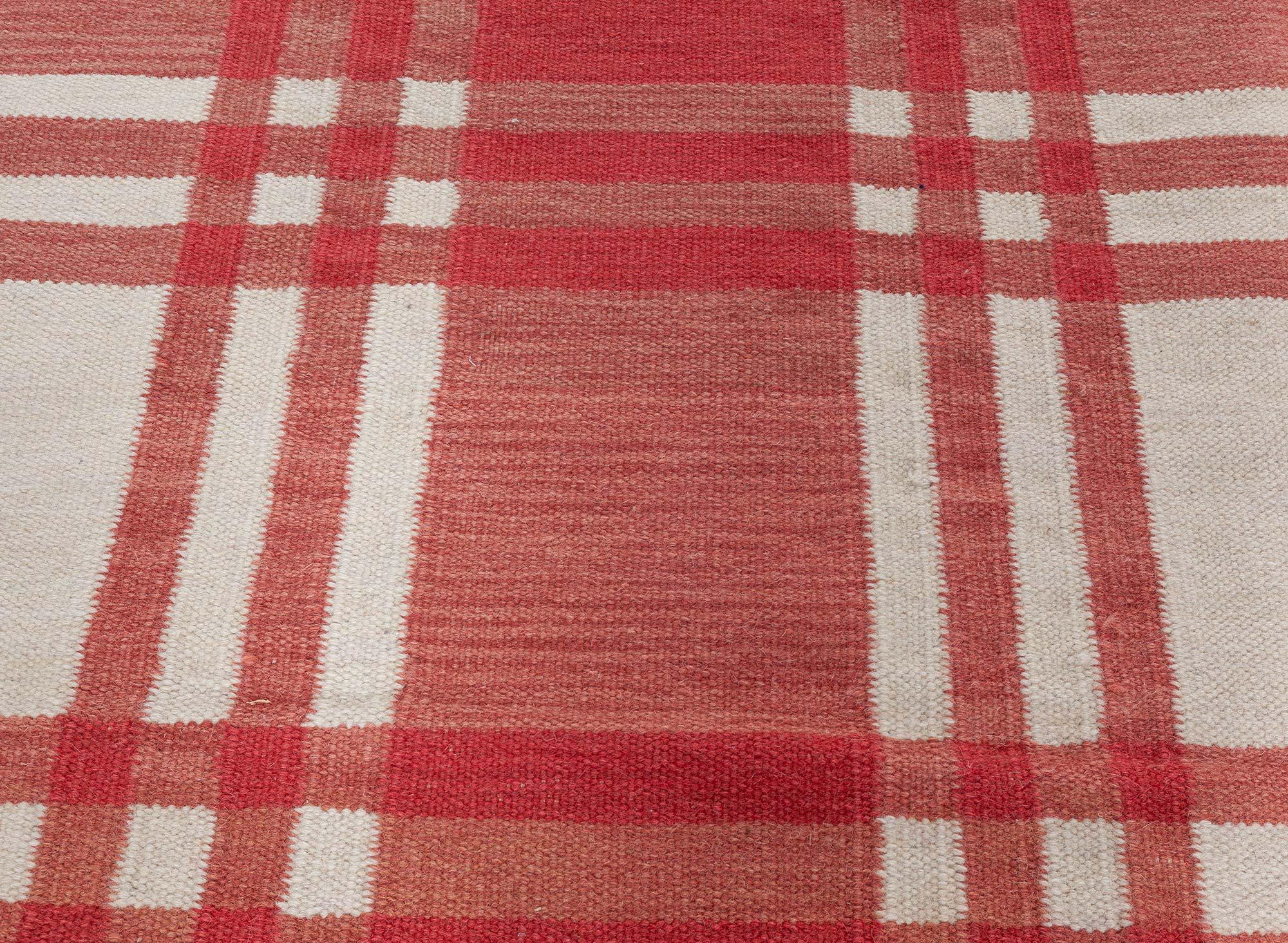 Hand-Woven Midcentury Swedish Red Checkered Wool Rug For Sale