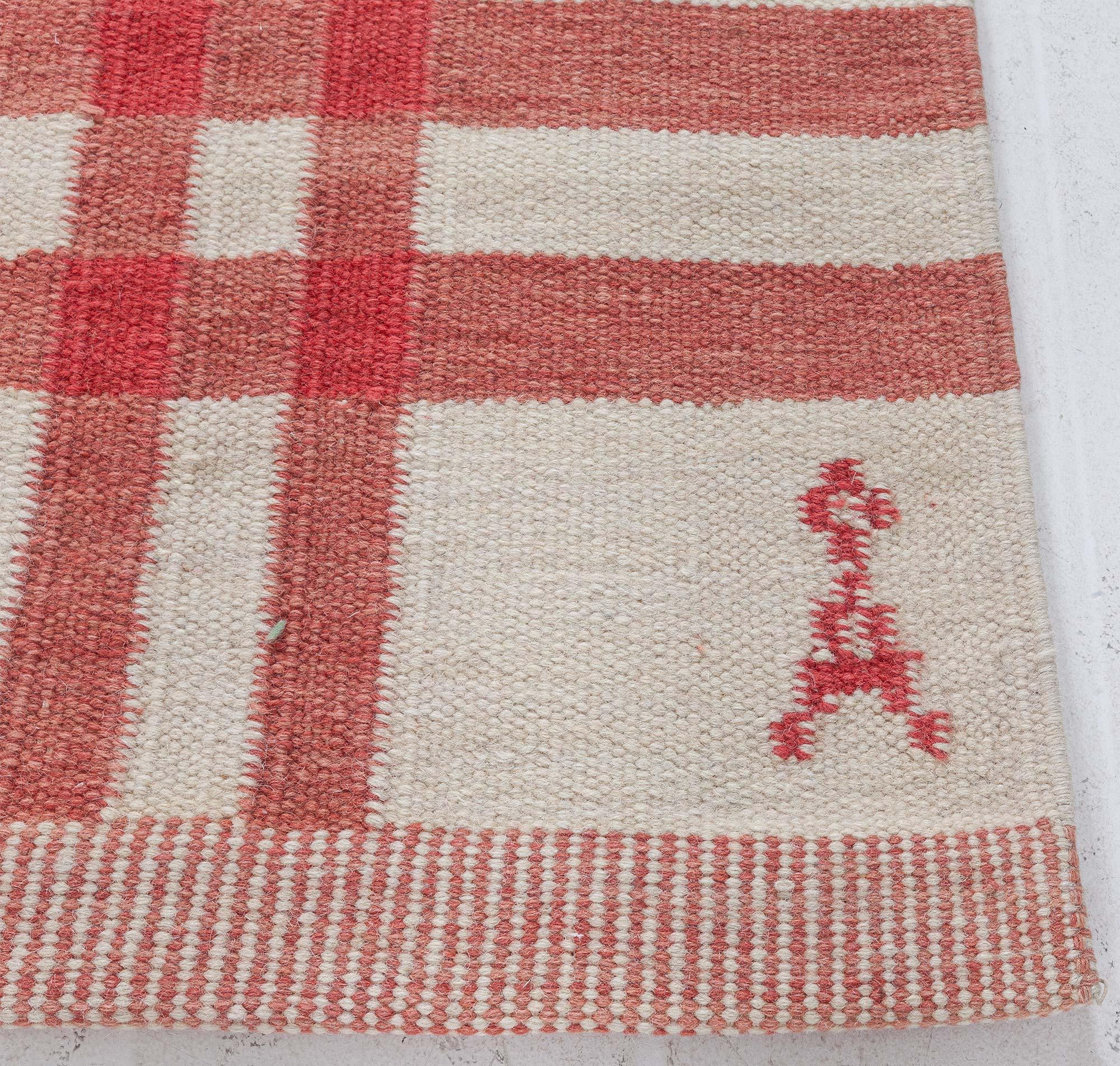 Midcentury Swedish Red Checkered Wool Rug In Good Condition For Sale In New York, NY
