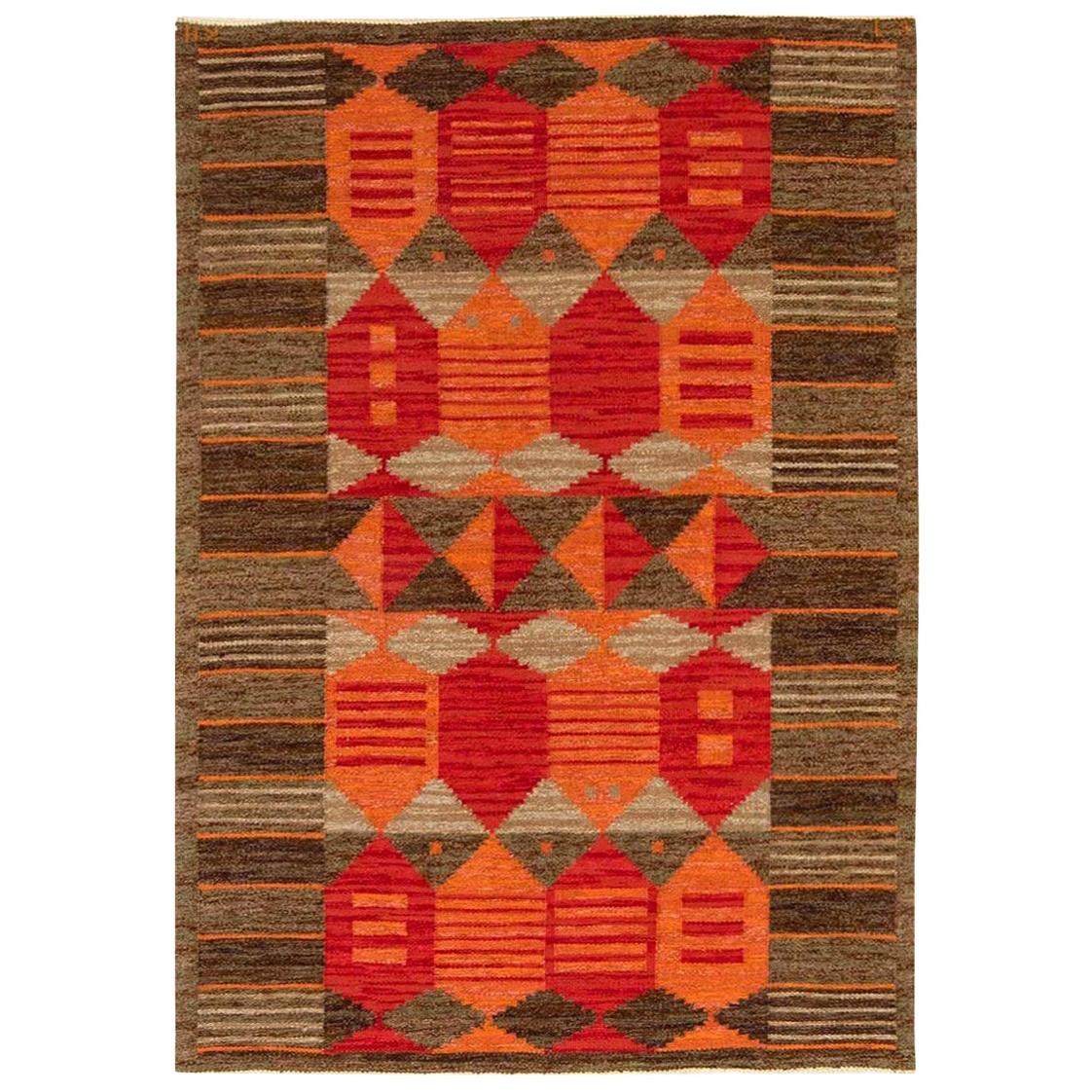 Midcentury Swedish Red, Orange and Brown Flat-Woven Rug by Karin Jönsson
