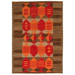 Midcentury Swedish Red, Orange and Brown Flat-Woven Rug by Karin Jönsson