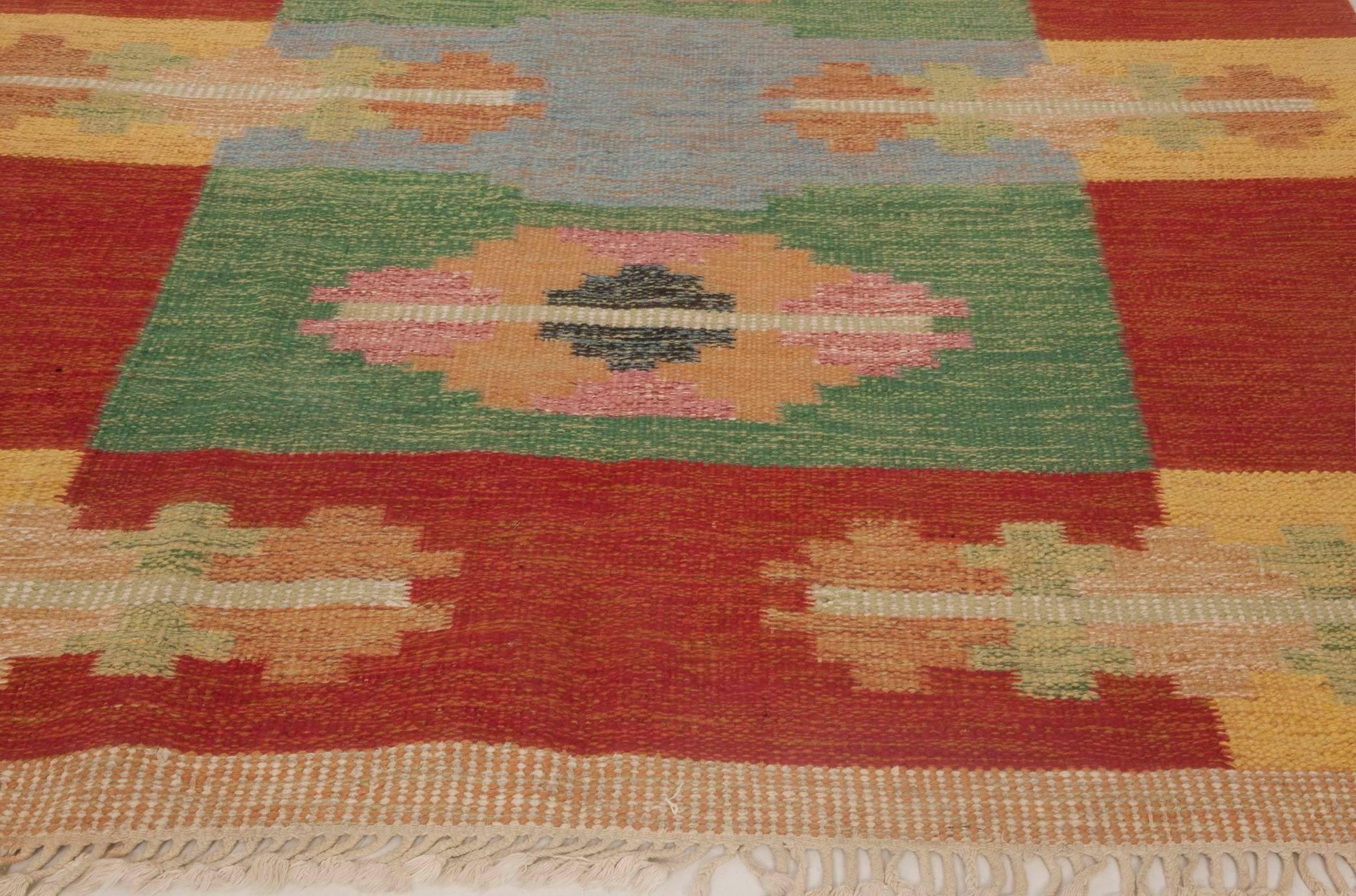Midcentury Swedish Red, Yellow and Green Flat-Weave Runner by Sverker Greuholm In Good Condition In New York, NY