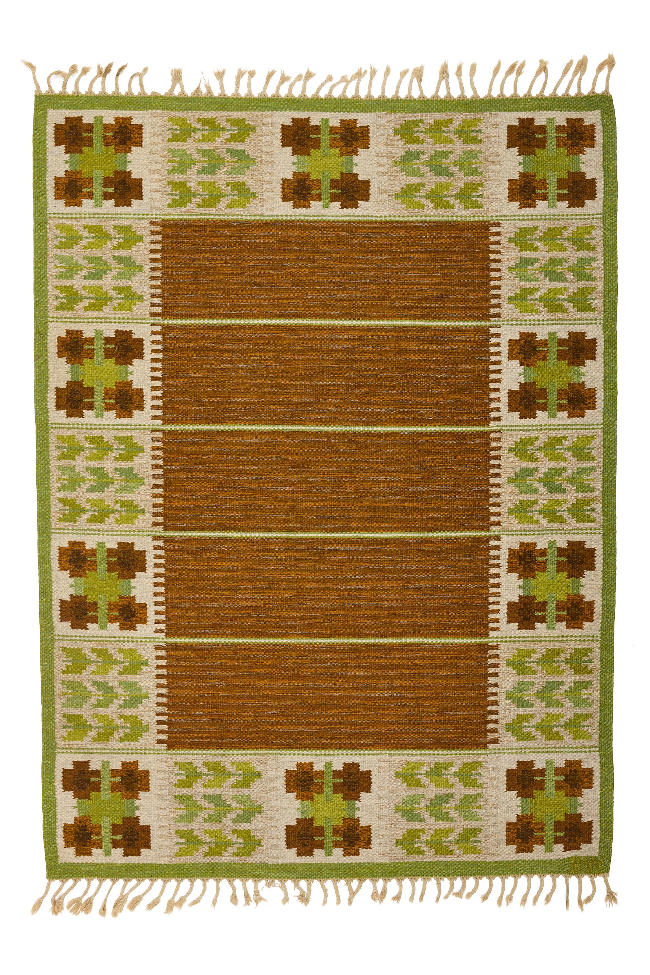 Schwedischer Röllakan-Flachgewebe-Teppich von Berit Woelfer aus der Jahrhundertmitte, 1950er Jahre (Wolle) im Angebot