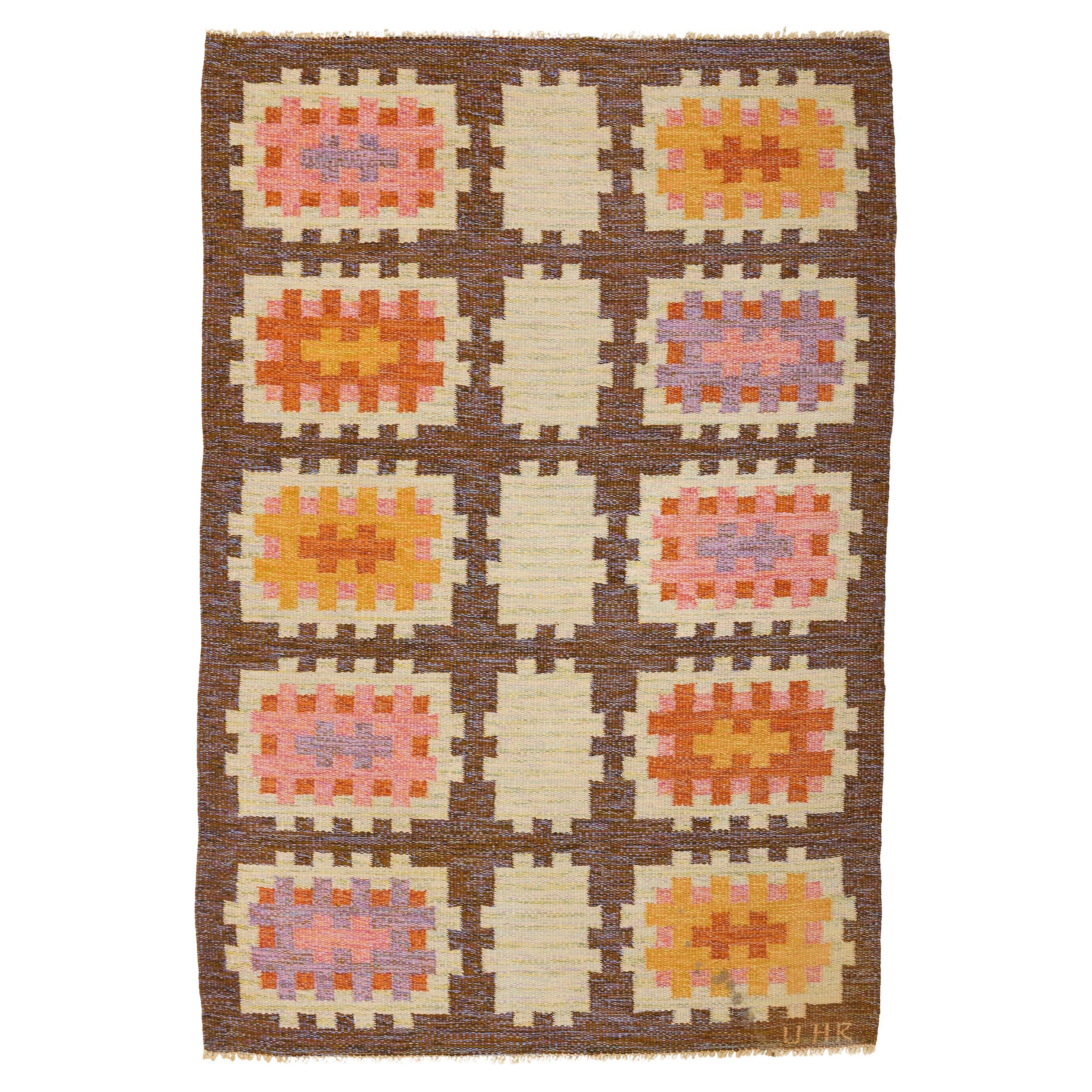 Midcentury Swedish Röllakan Rug Signed UHR, Handwoven Wool in Geometric Pastel