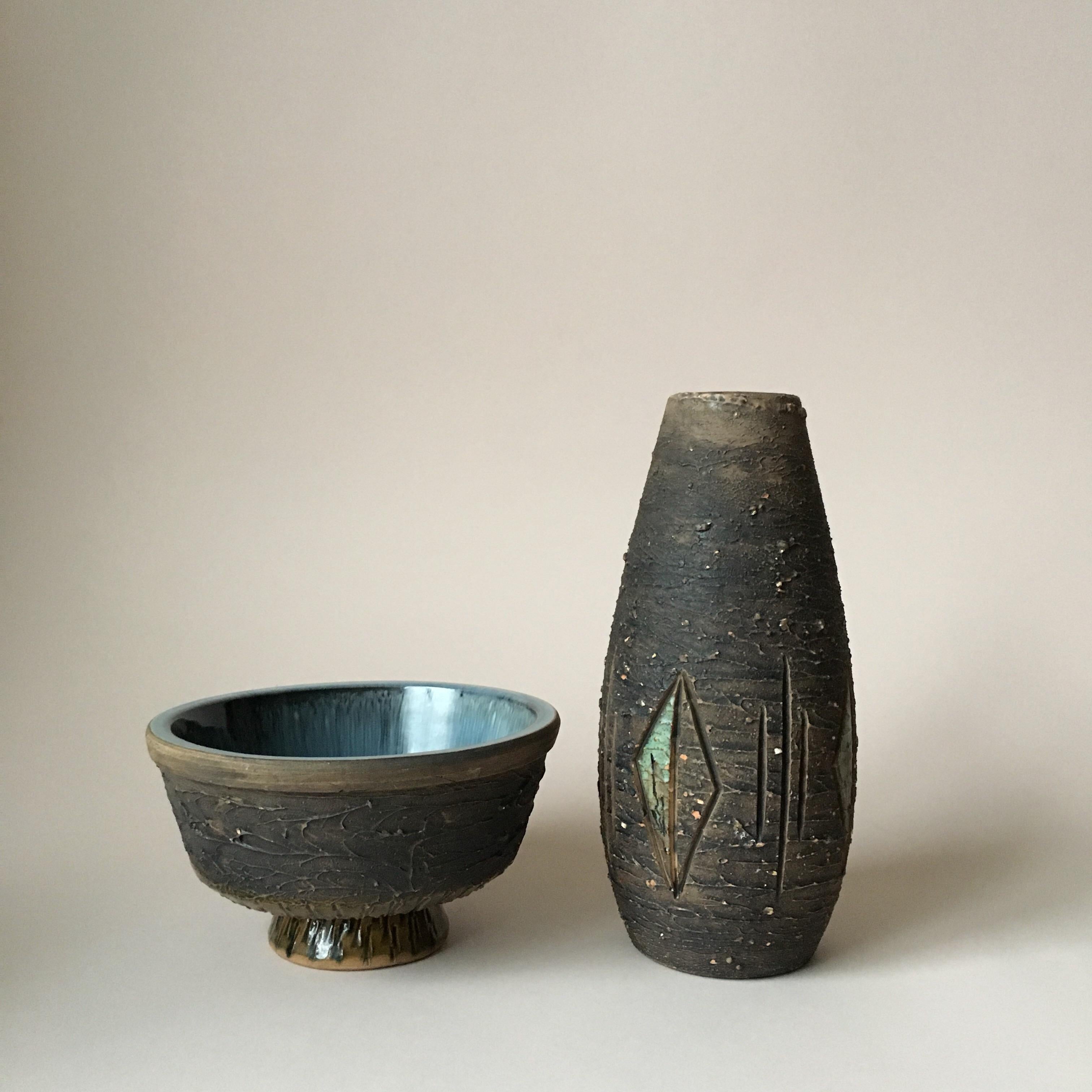 The ceramic bowl features matte blue glaze inside and glossy green-brown glaze on the bottom. The vase has a mint glaze inside and the same color elements on the body. Both items are designed in a rustic style with rough body surface but both have