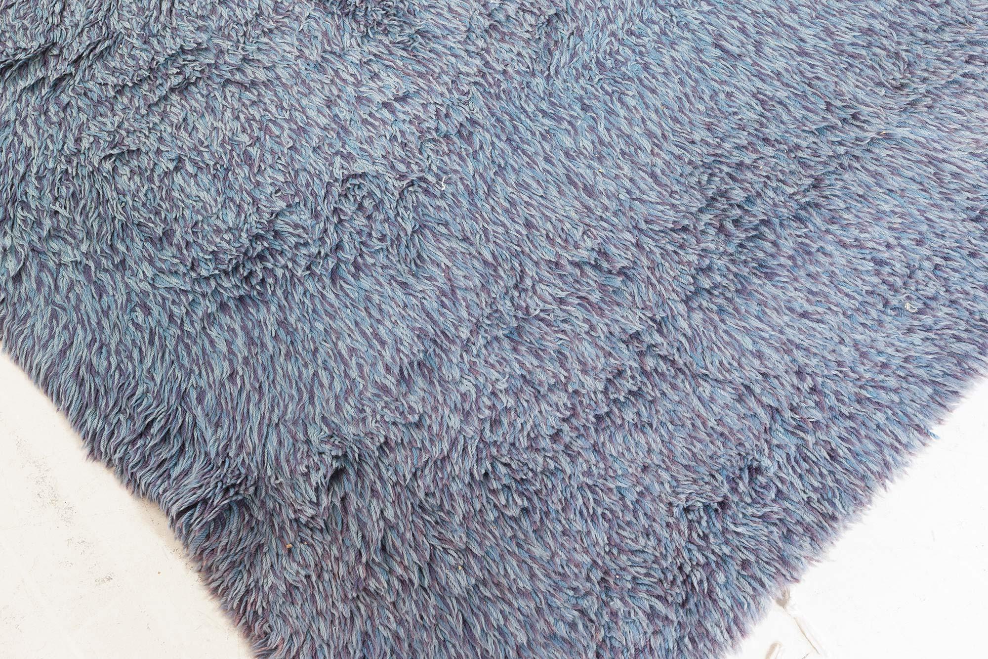 Midcentury Swedish Rya Blue Rug In Good Condition For Sale In New York, NY