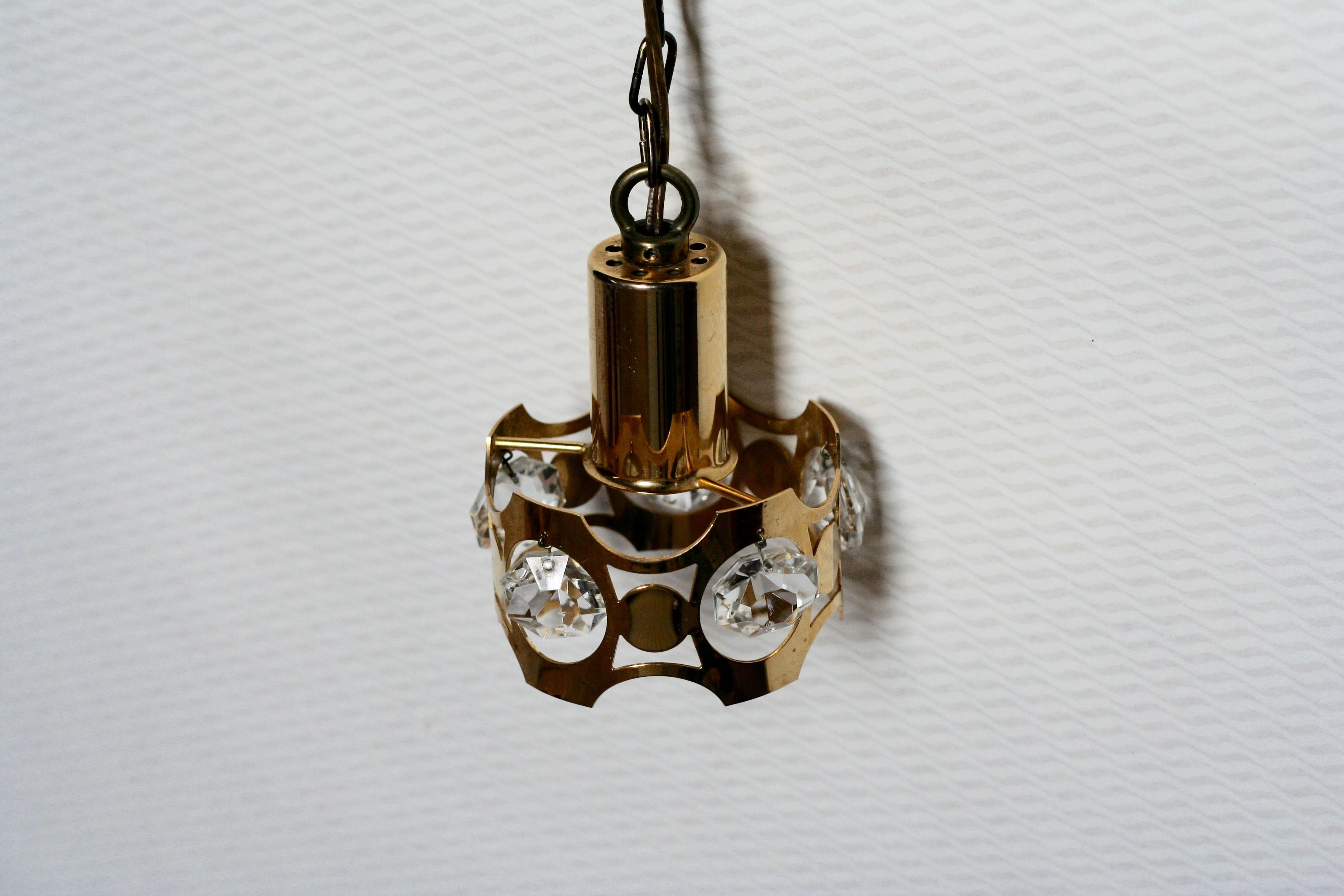 Scandinavian Modern Midcentury Swedish Small Gilt Brass Crystal Glass Pendant Lighting For Sale
