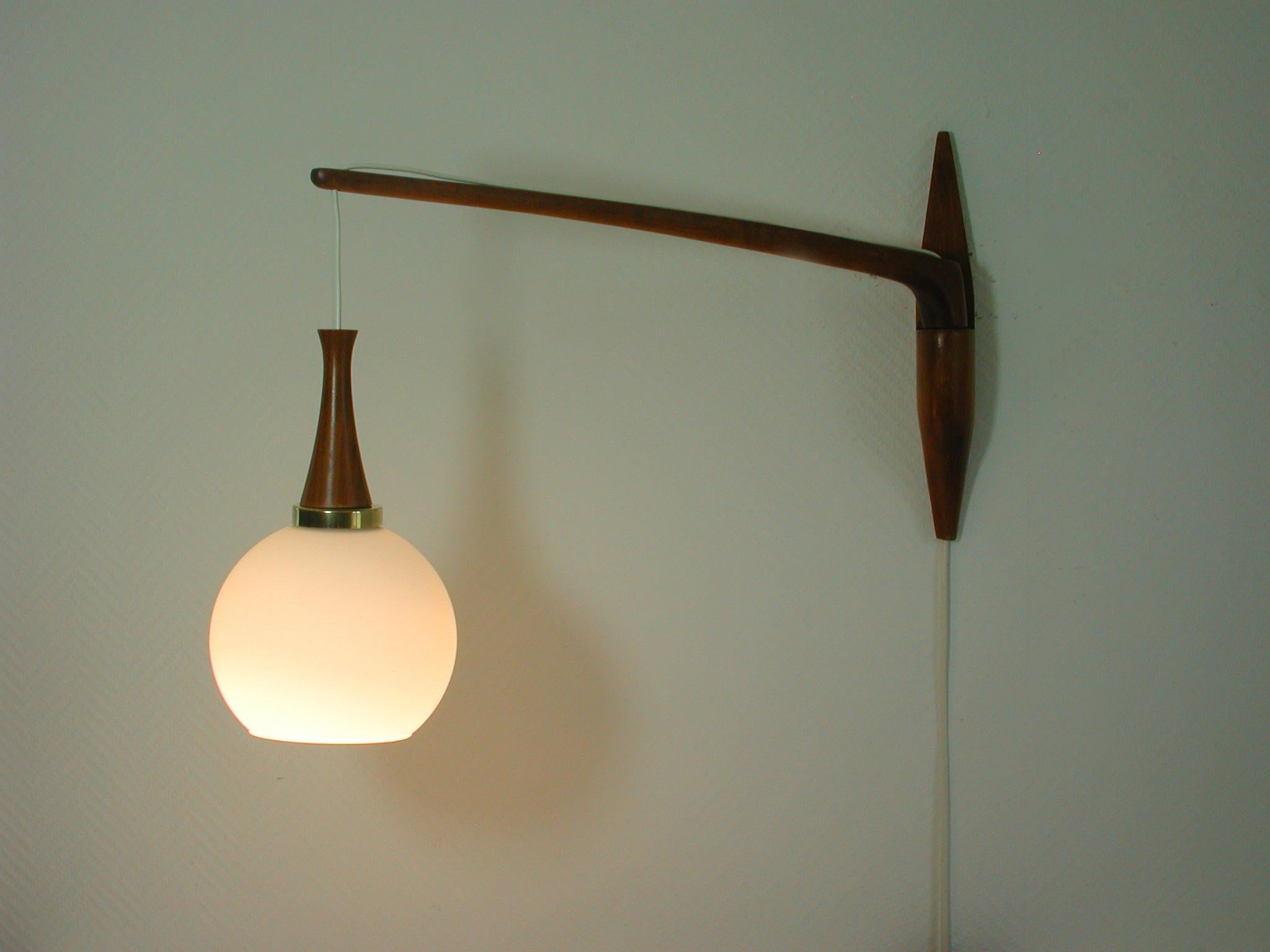 Midcentury Swedish Swiveling Teak and Milk Glass Sconce, 1960s 2