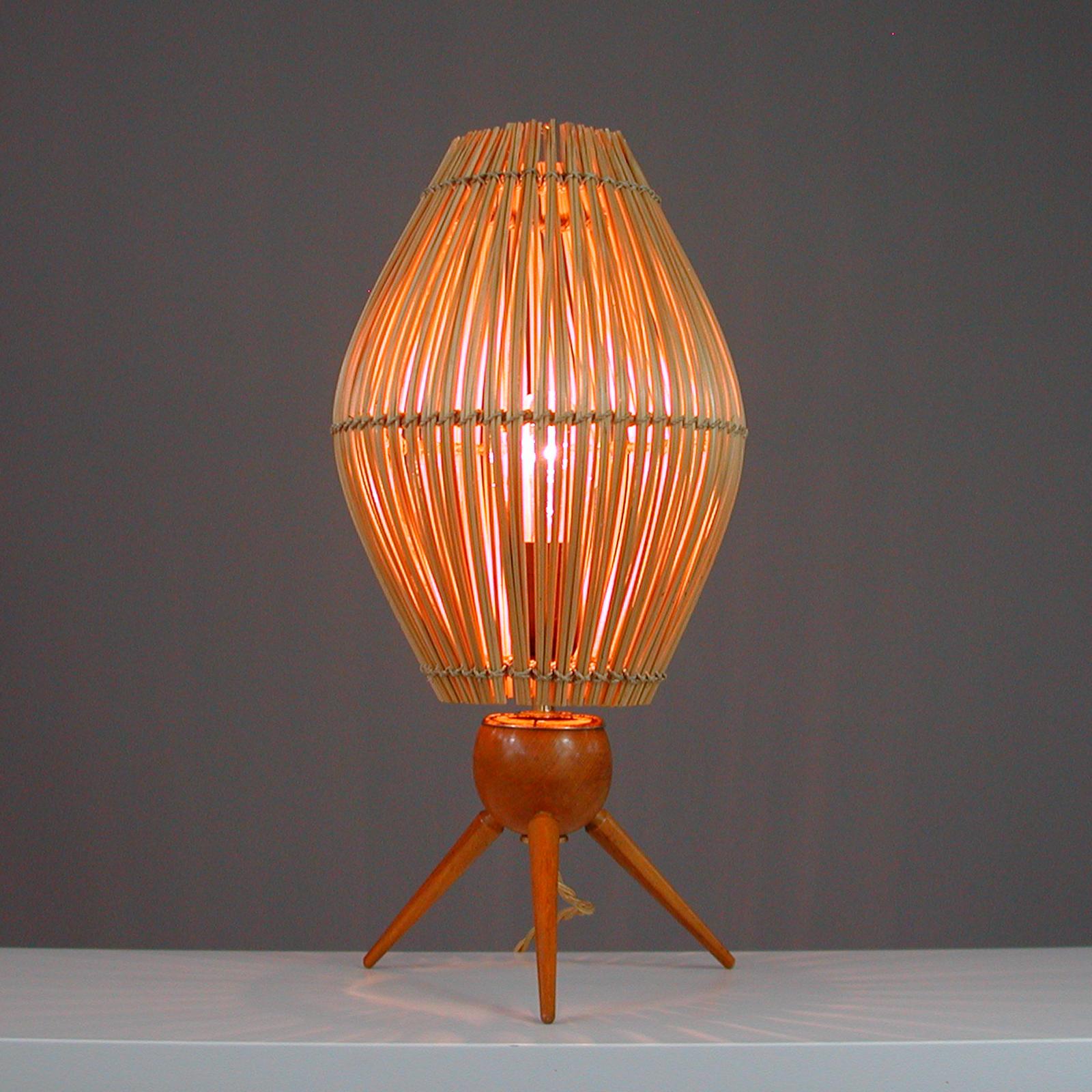 Mid-Century Modern Midcentury Swedish Teak and Rattan Table Lamp, 1950s For Sale