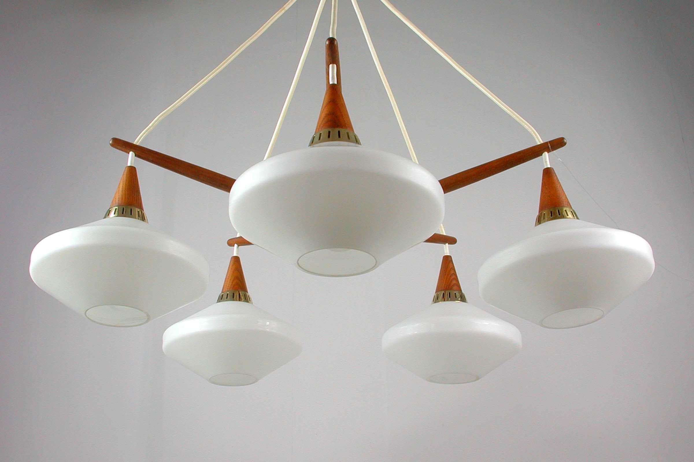 Midcentury Swedish Teak and Satin Glass Chandelier by ASEA, 1960s 5