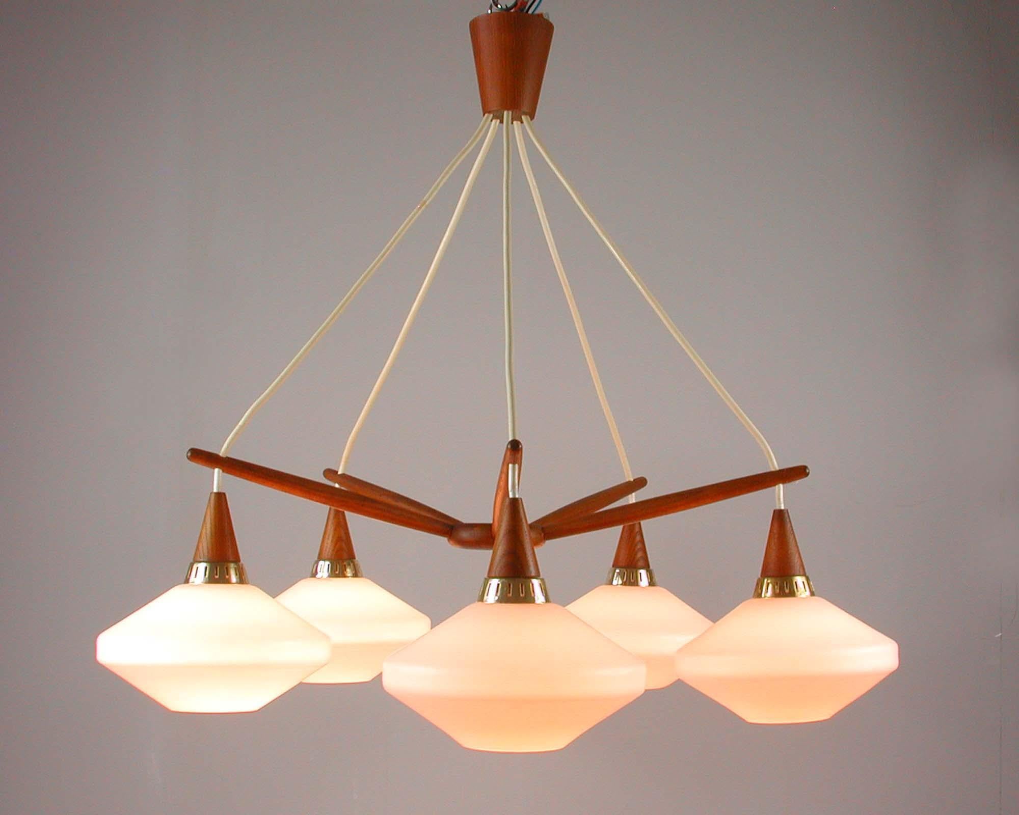 Midcentury Swedish Teak and Satin Glass Chandelier by ASEA, 1960s 6