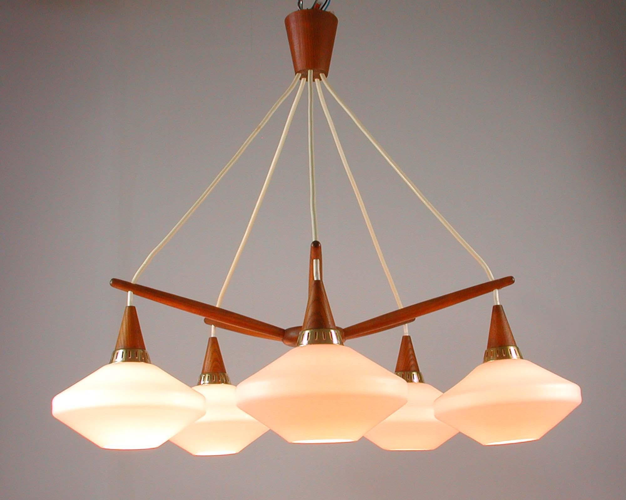Midcentury Swedish Teak and Satin Glass Chandelier by ASEA, 1960s 7