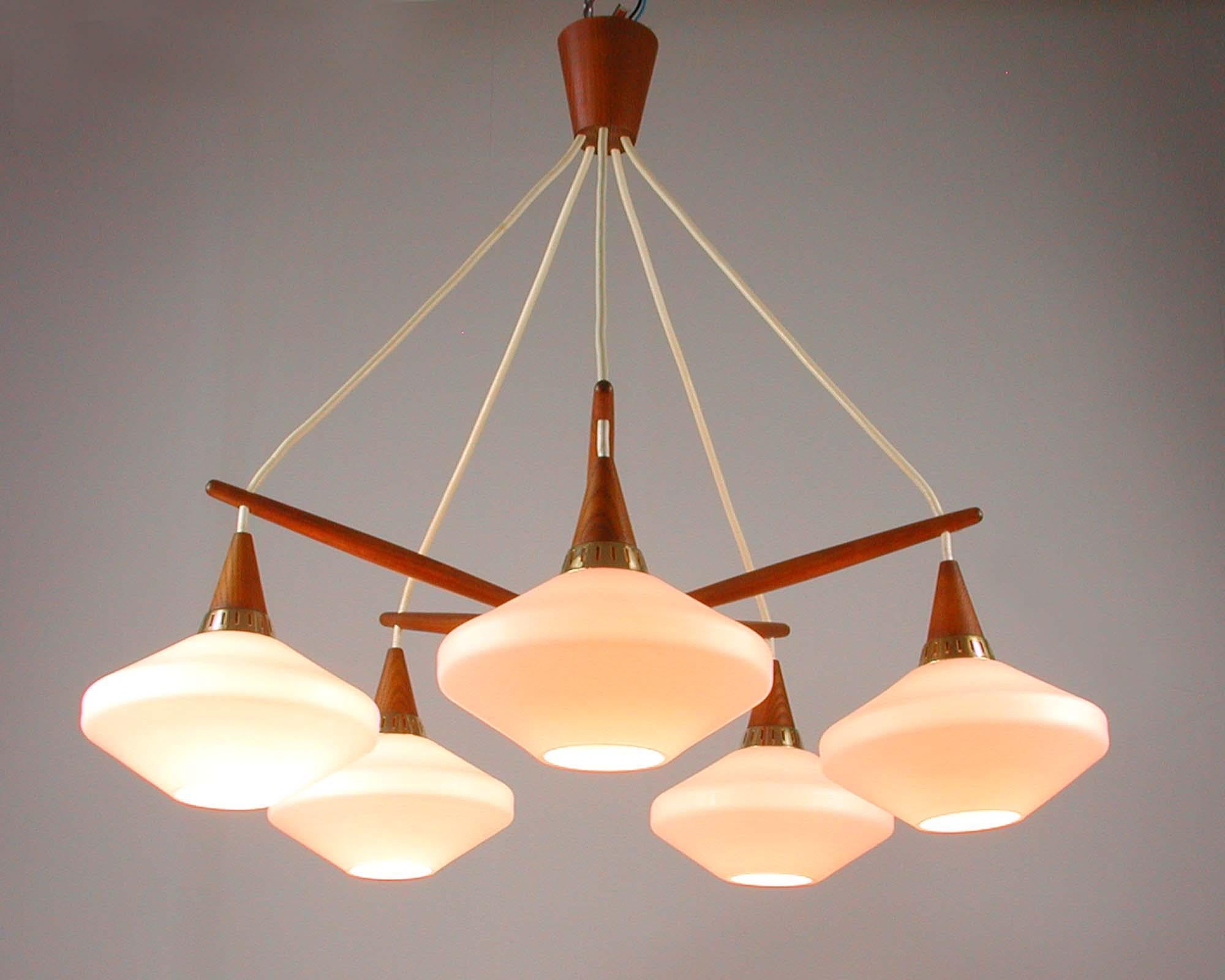 Midcentury Swedish Teak and Satin Glass Chandelier by ASEA, 1960s 8