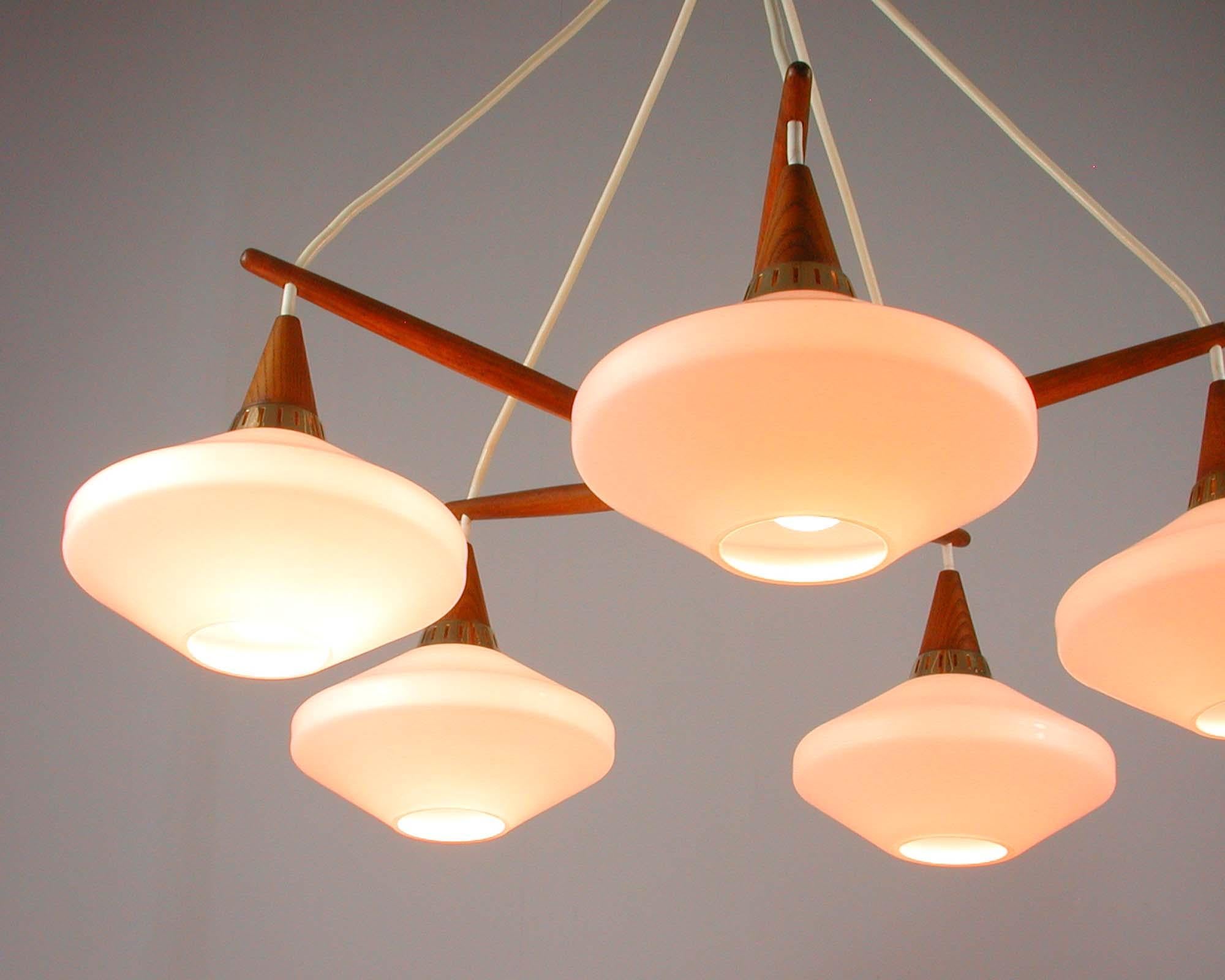 Midcentury Swedish Teak and Satin Glass Chandelier by ASEA, 1960s 10