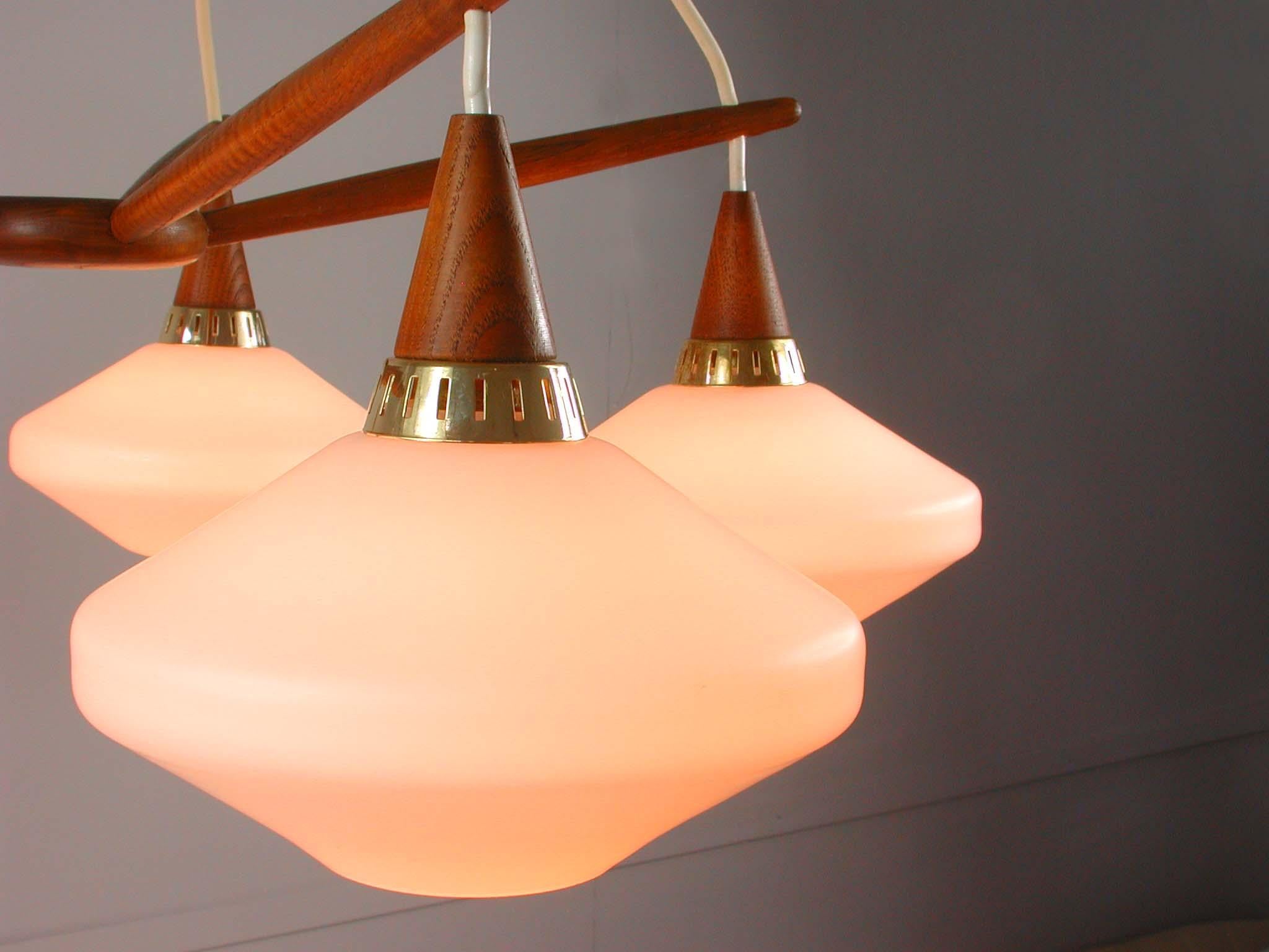 Midcentury Swedish Teak and Satin Glass Chandelier by ASEA, 1960s 11