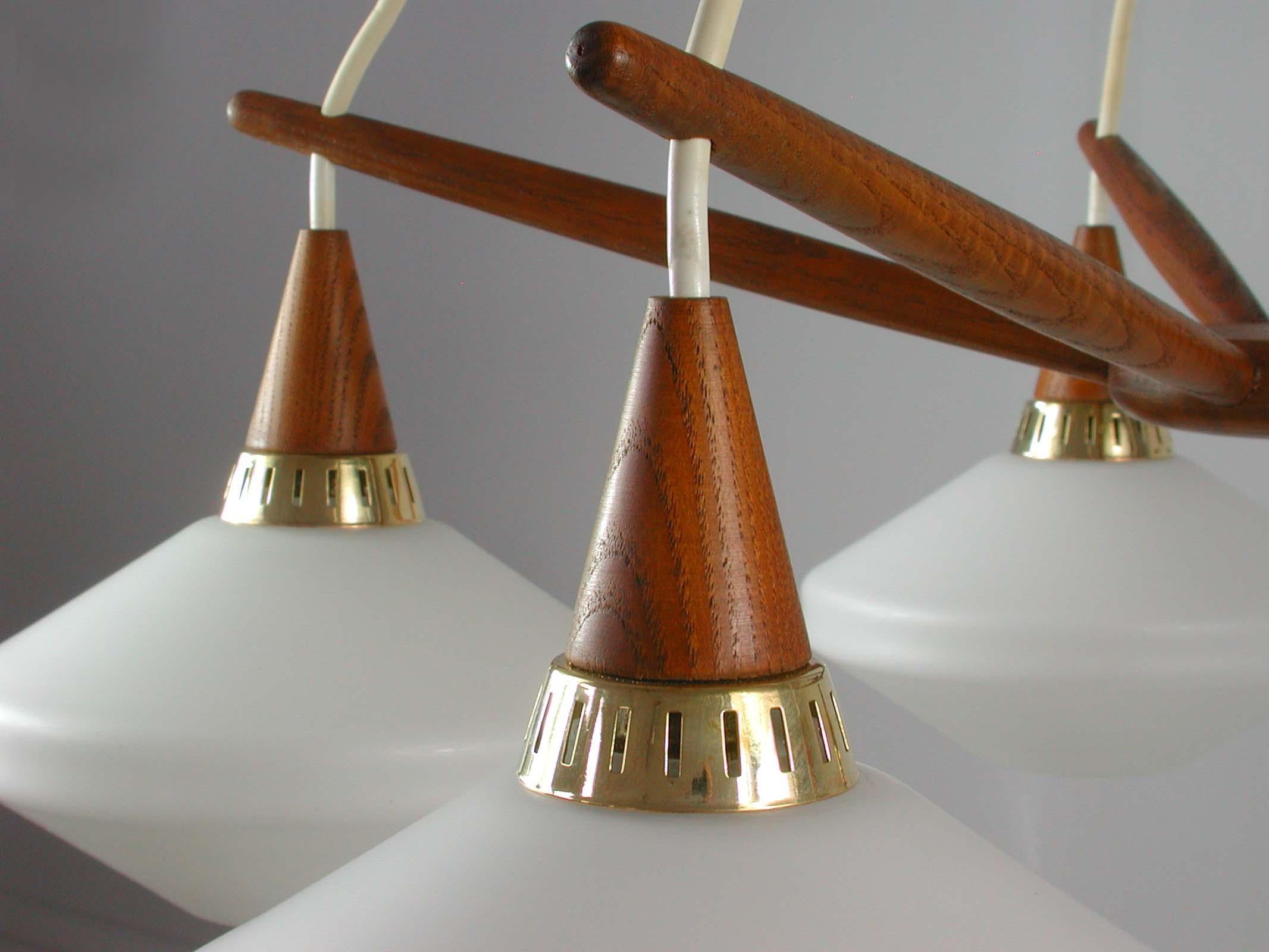 Mid-20th Century Midcentury Swedish Teak and Satin Glass Chandelier by ASEA, 1960s